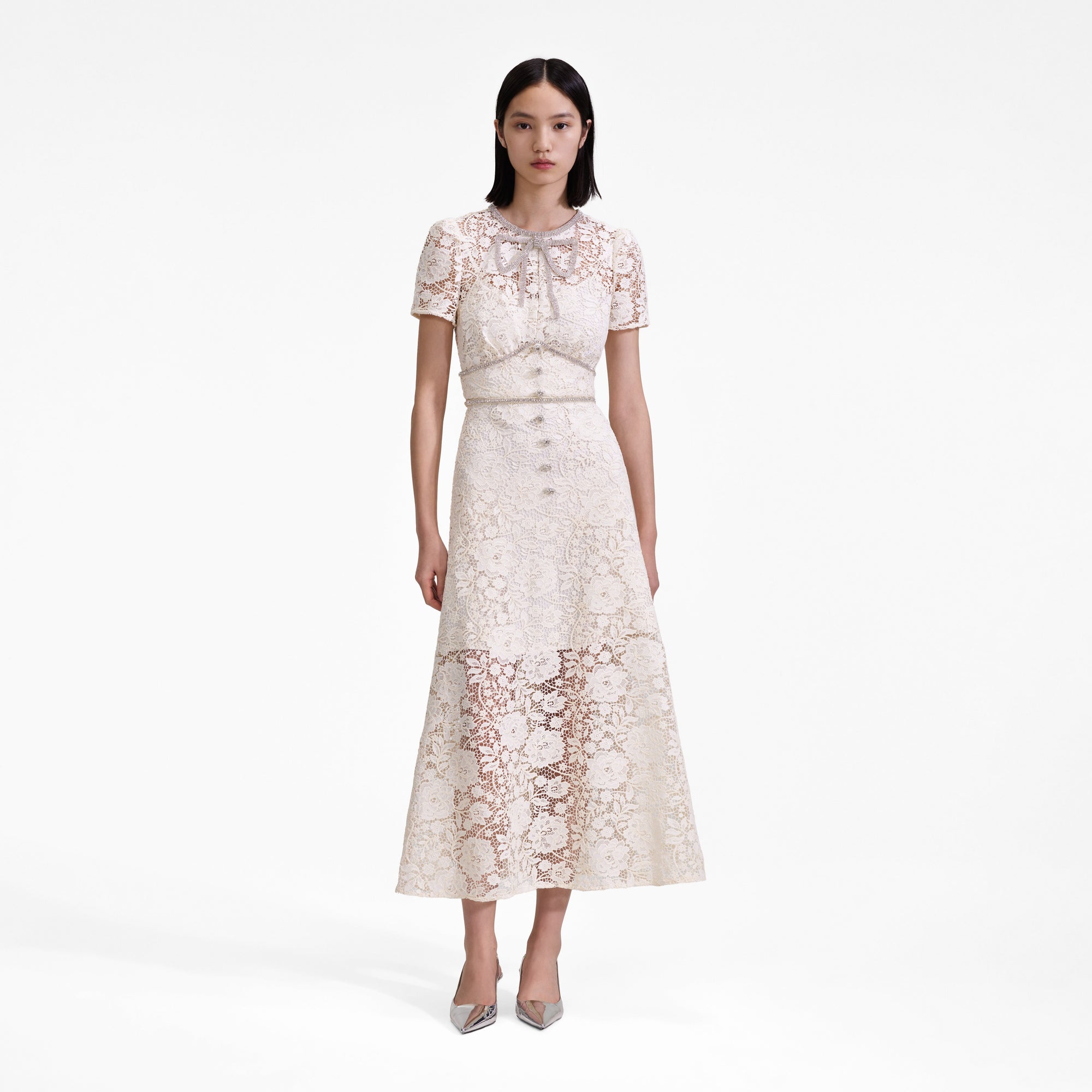 Cream Cord Lace Bow Midi Dress