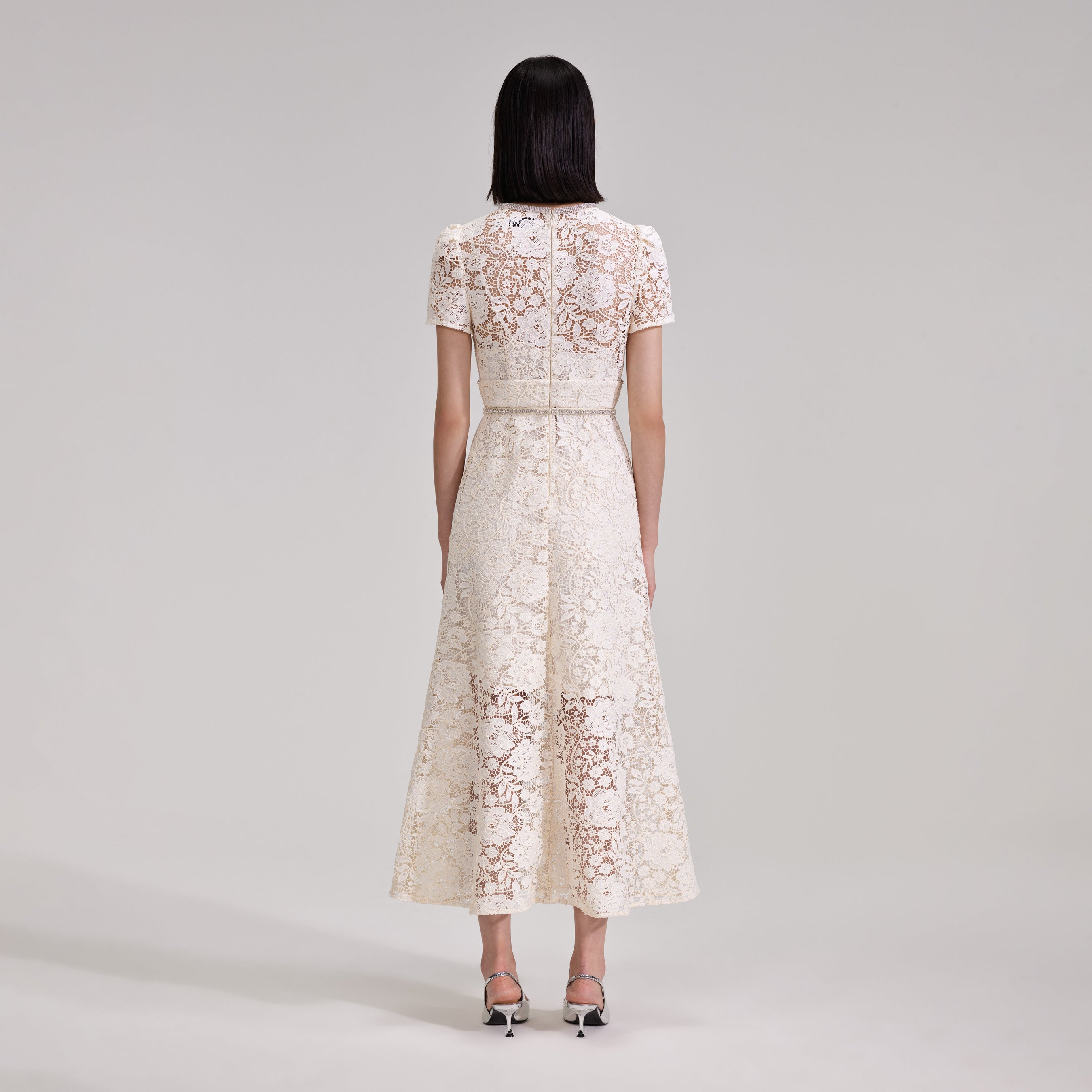 Cream Cord Lace Bow Midi Dress