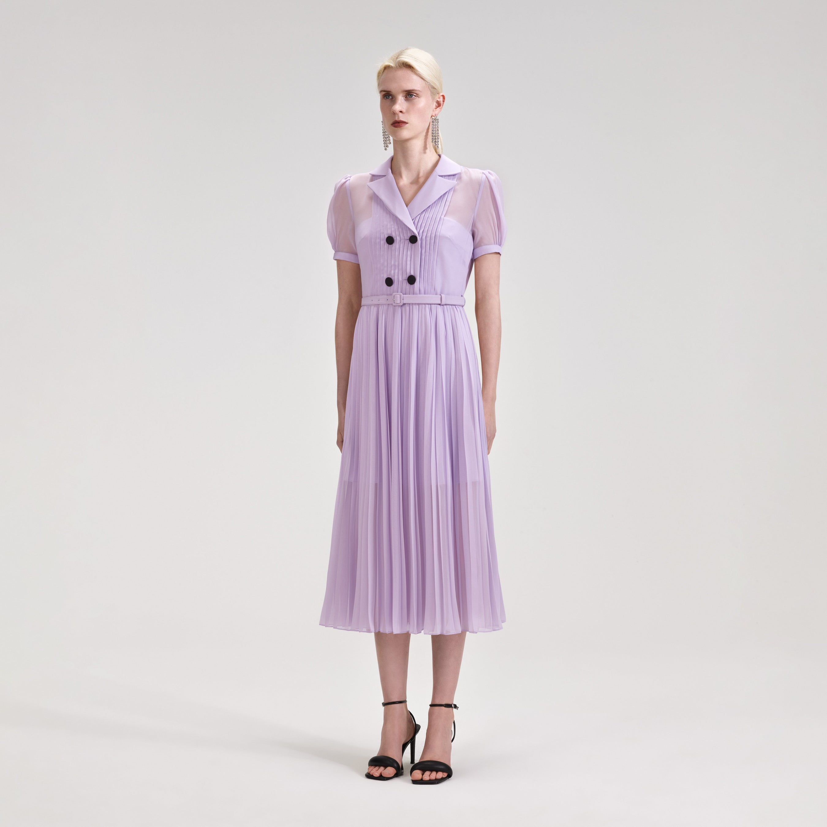 Lilac Chiffon Pleated Collar Midi Dress