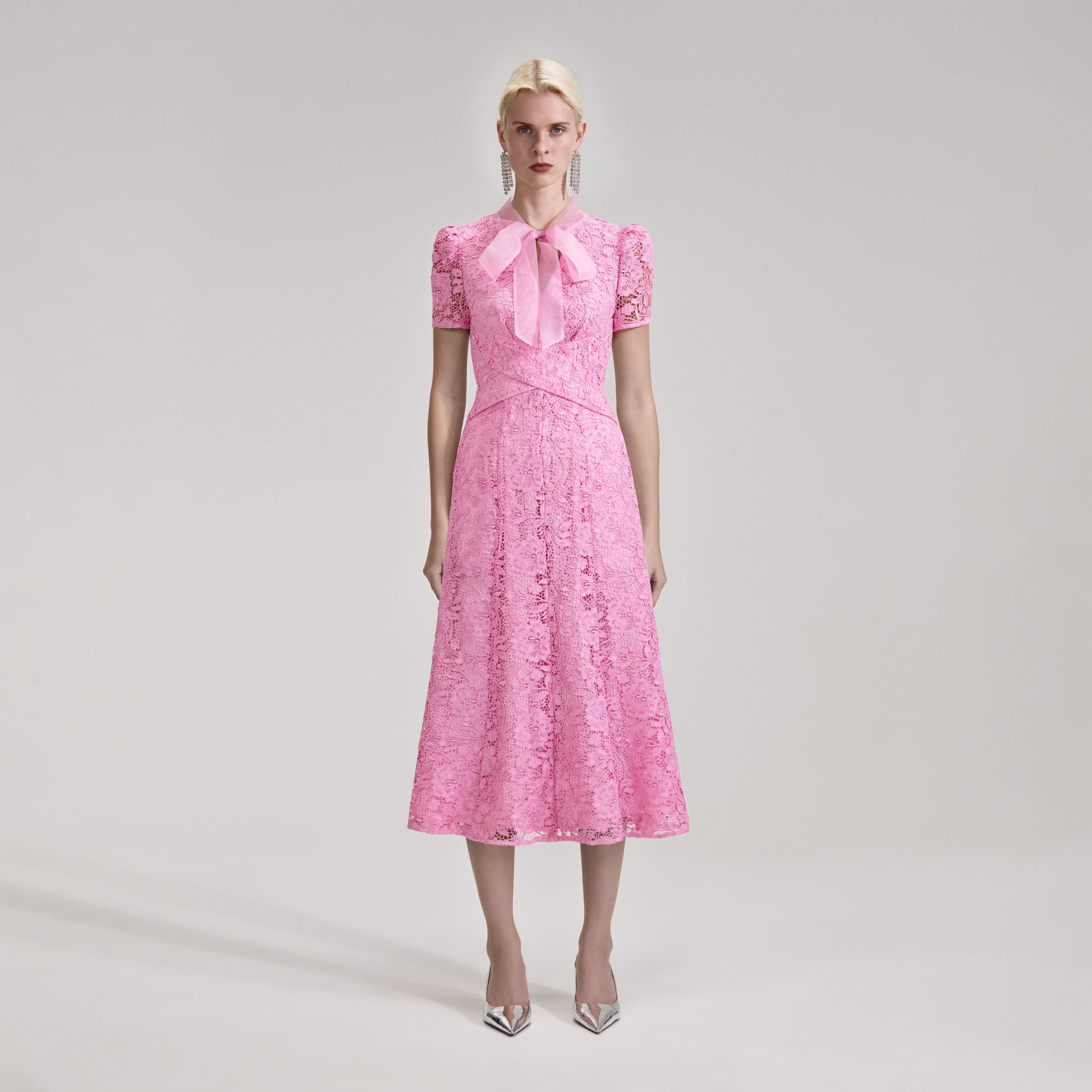 Pink Cord Lace Crossover Midi Dress