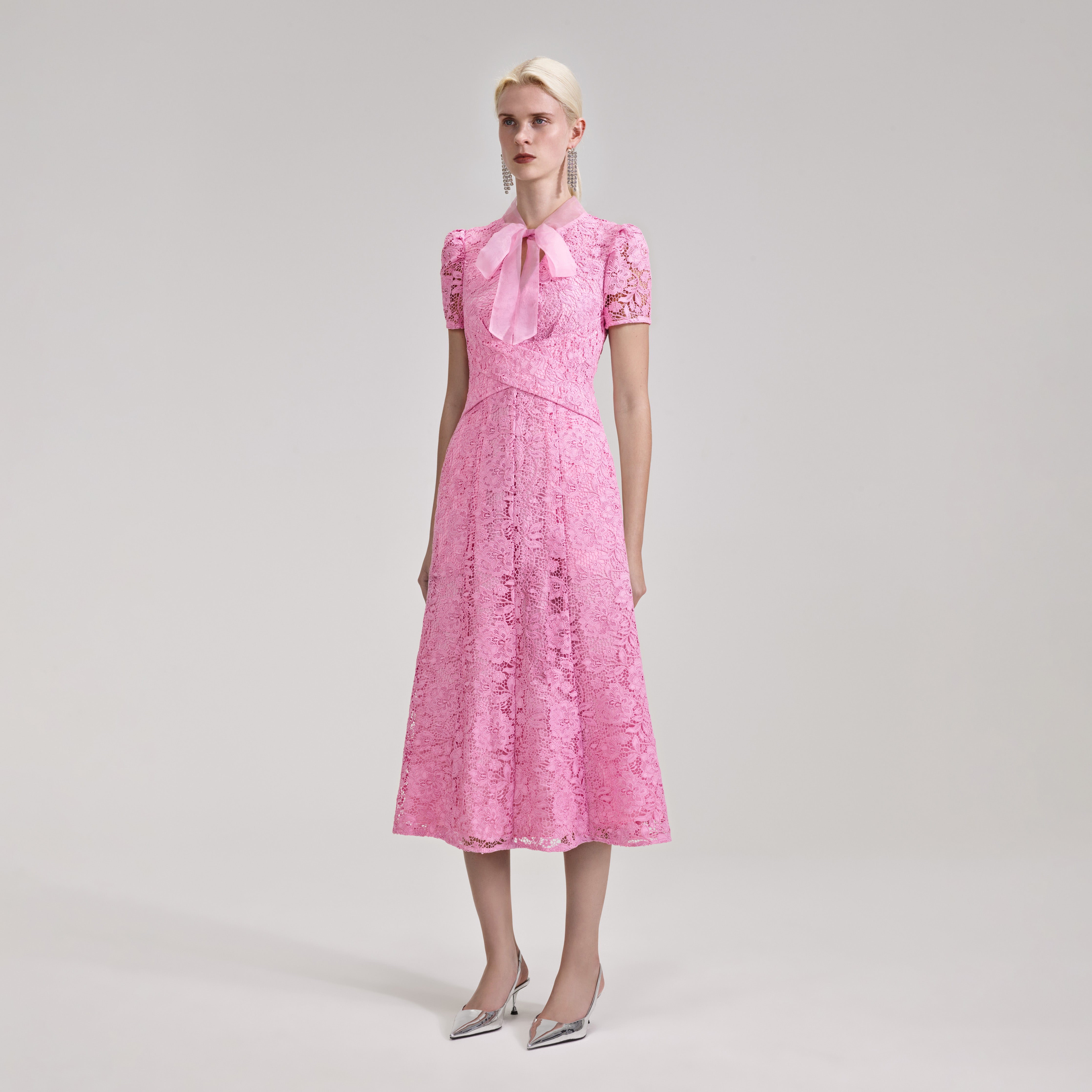 Pink Cord Lace Crossover Midi Dress self portrait EU