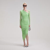 Green Mesh Ruched Midi Dress