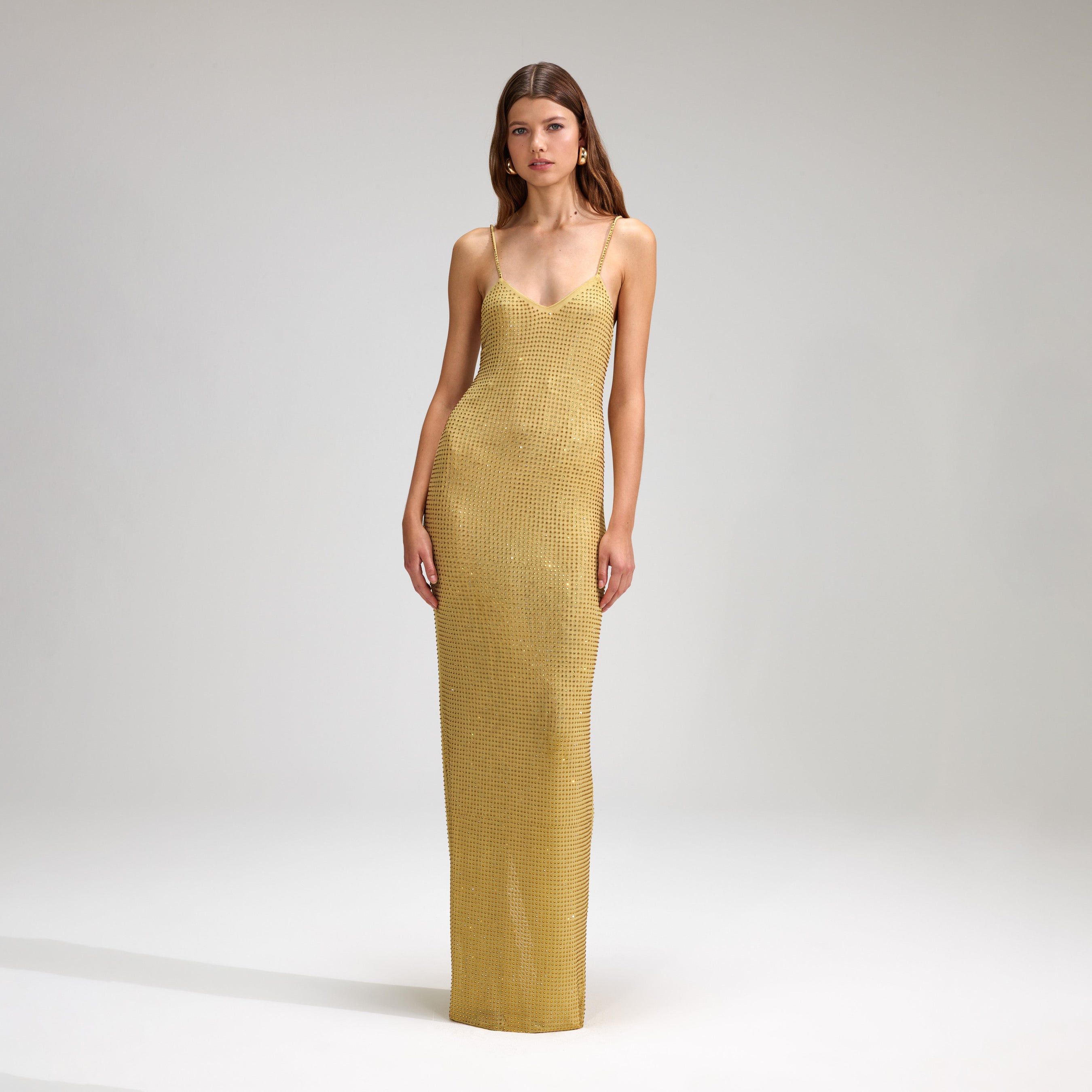 Yellow Rhinestone Mesh Maxi Dress