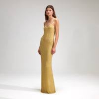 Yellow Rhinestone Mesh Maxi Dress