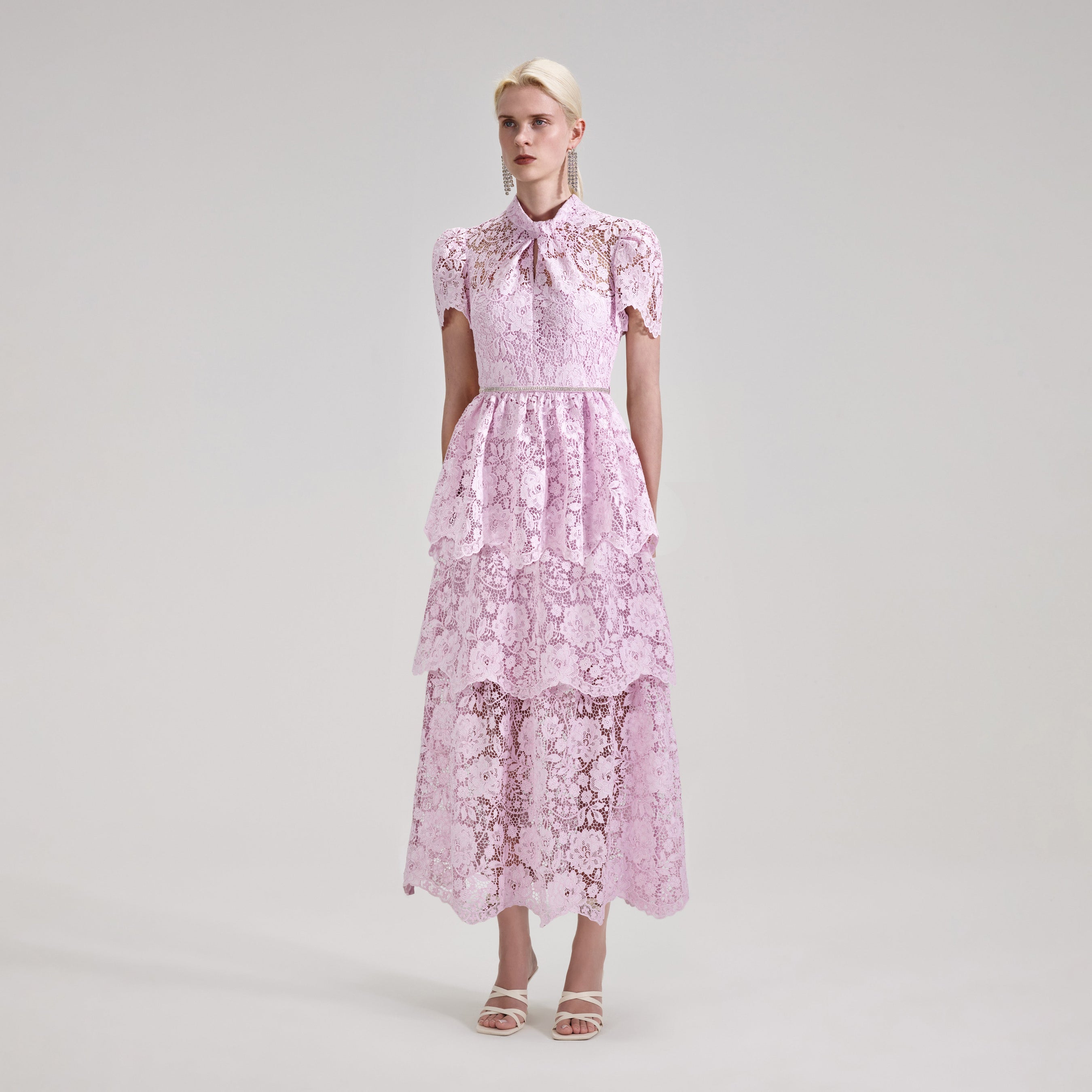 Pink Cord Lace Tiered Midi Dress