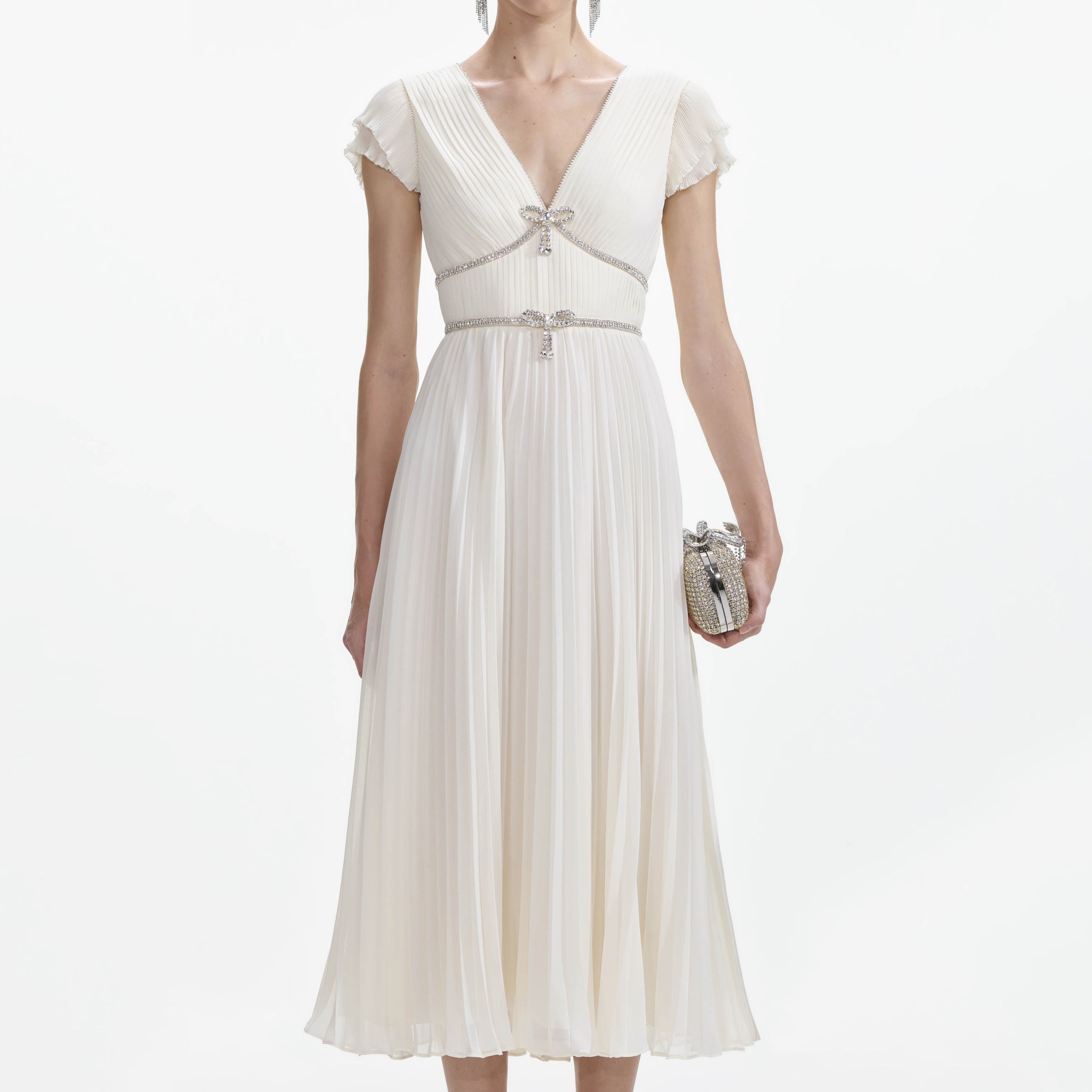 Cream Chiffon Pleated Midi Dress