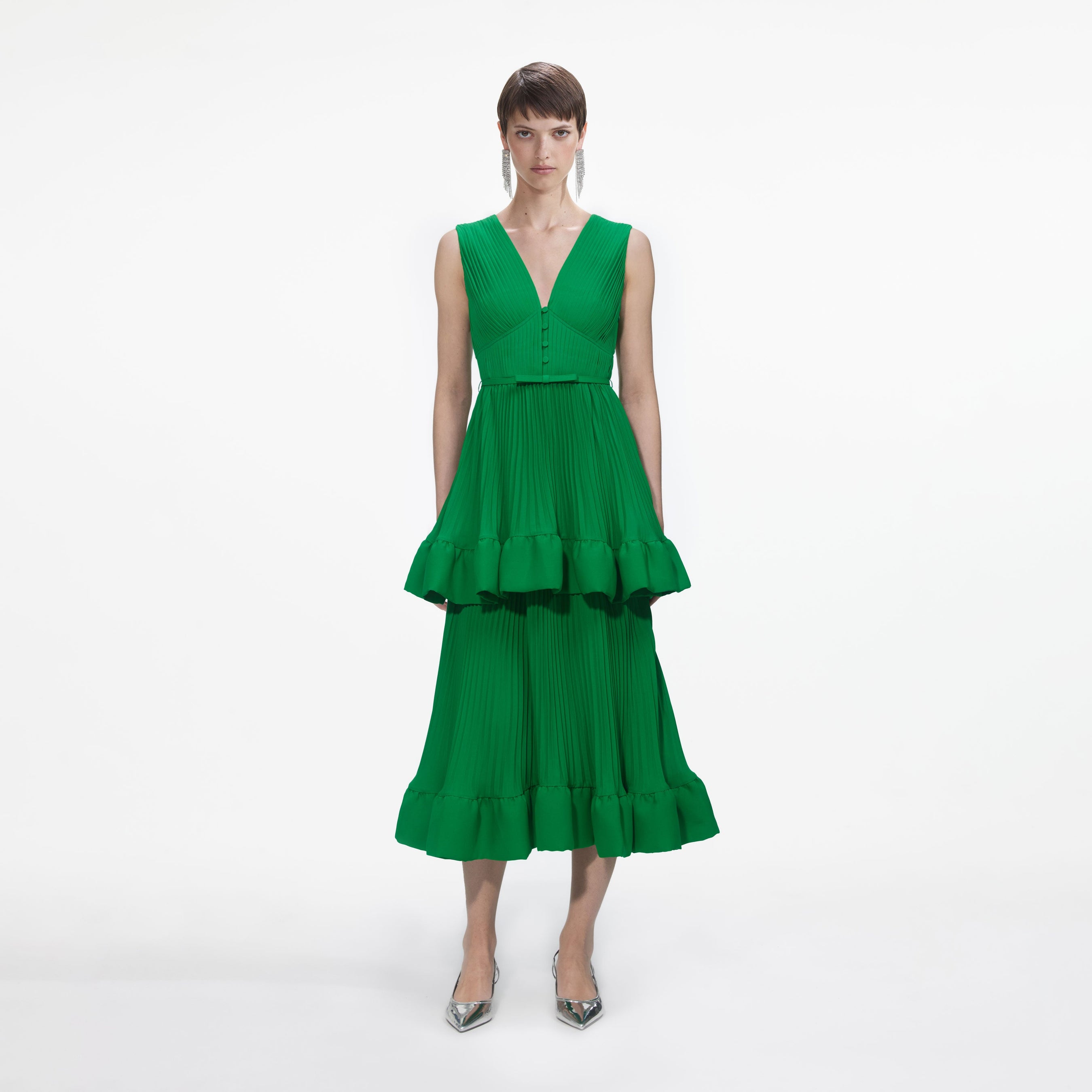 Green Tiered Chiffon Midi Dress