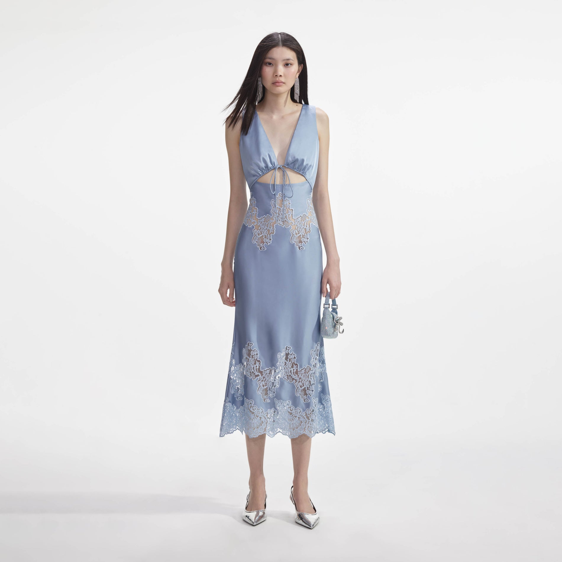 Front view of a woman wearing the Blue Satin Lace Insert Midi Dress