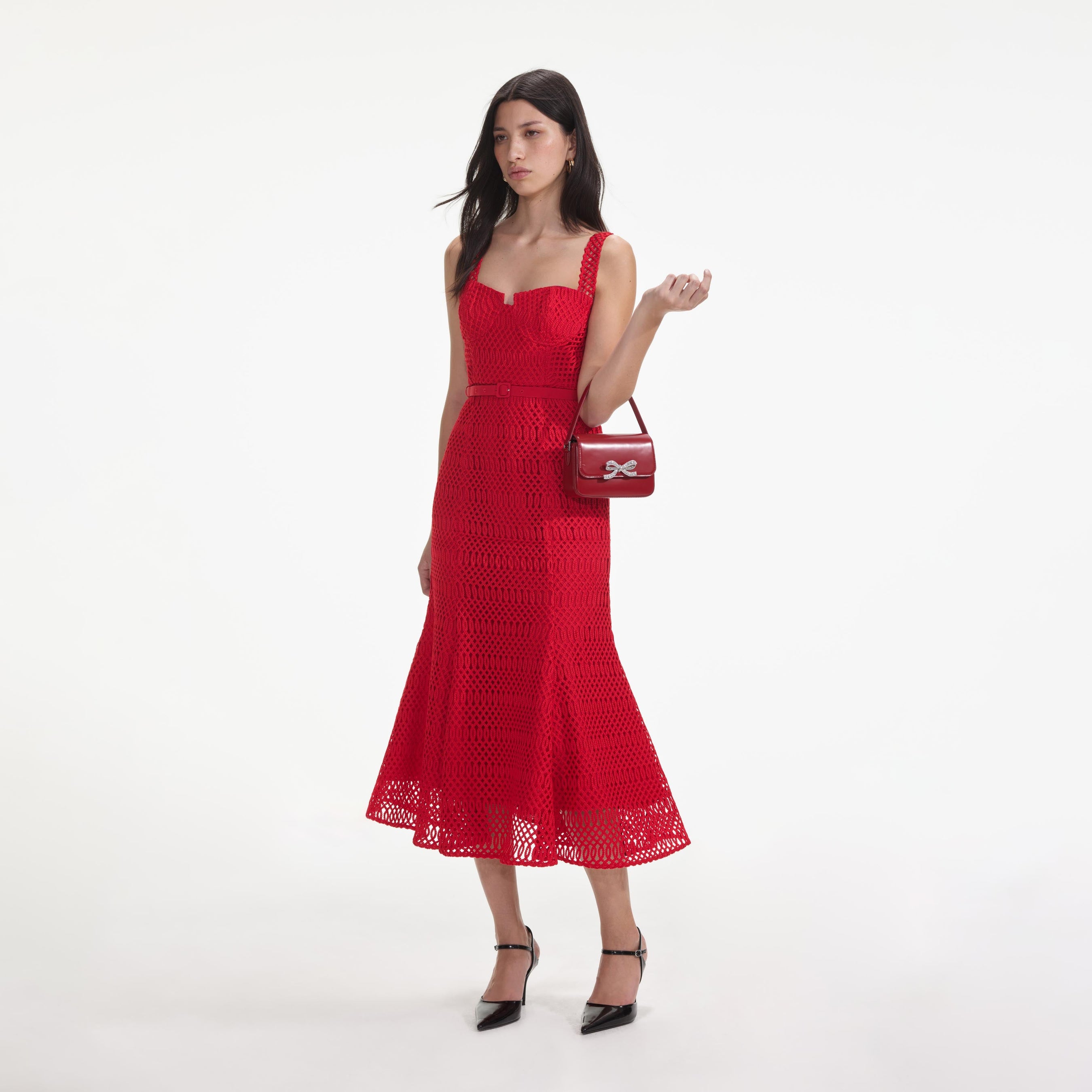 Red Lattice Lace Midi Dress