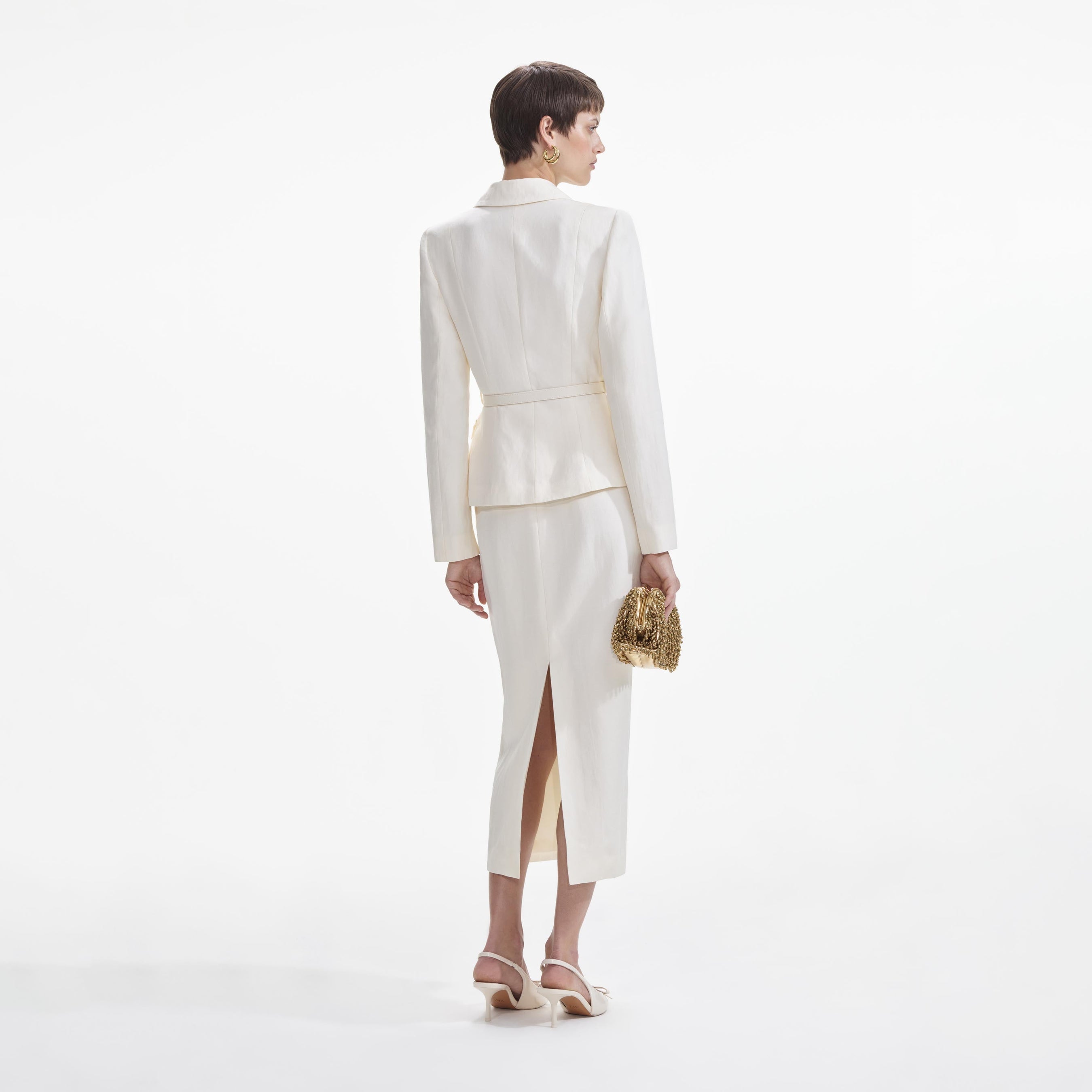 Cream Linen Tailored Midi Dress