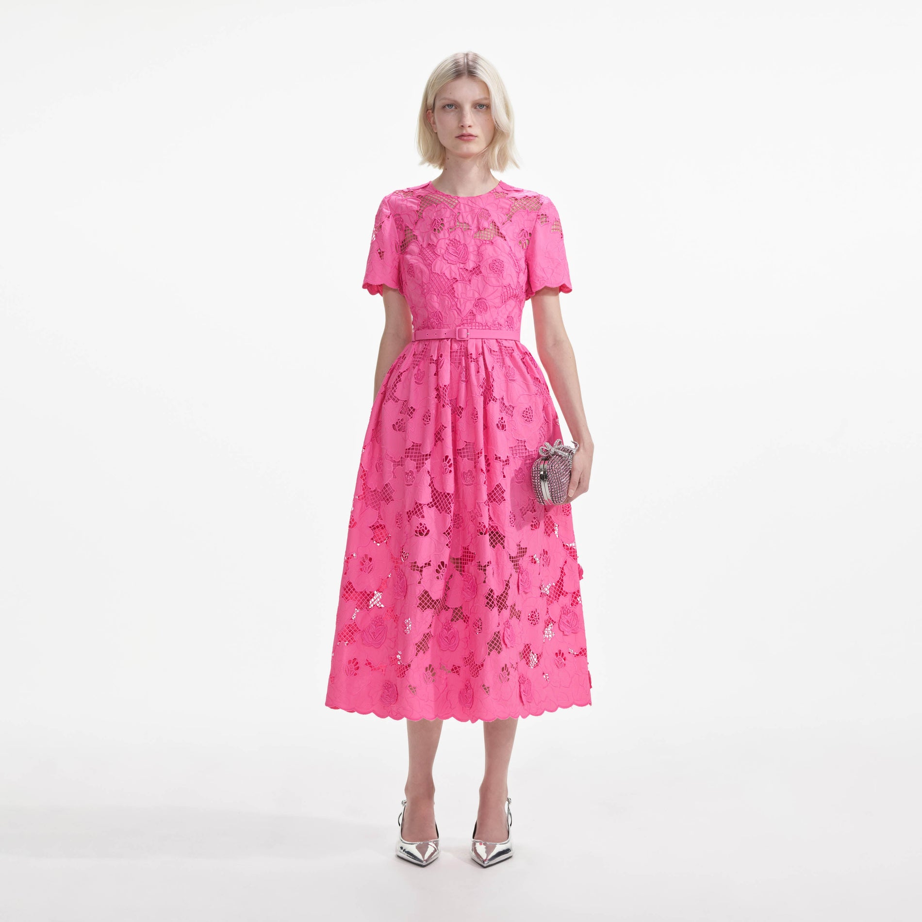 Front view of a woman wearing the Pink Cotton Lace  Midi Dress