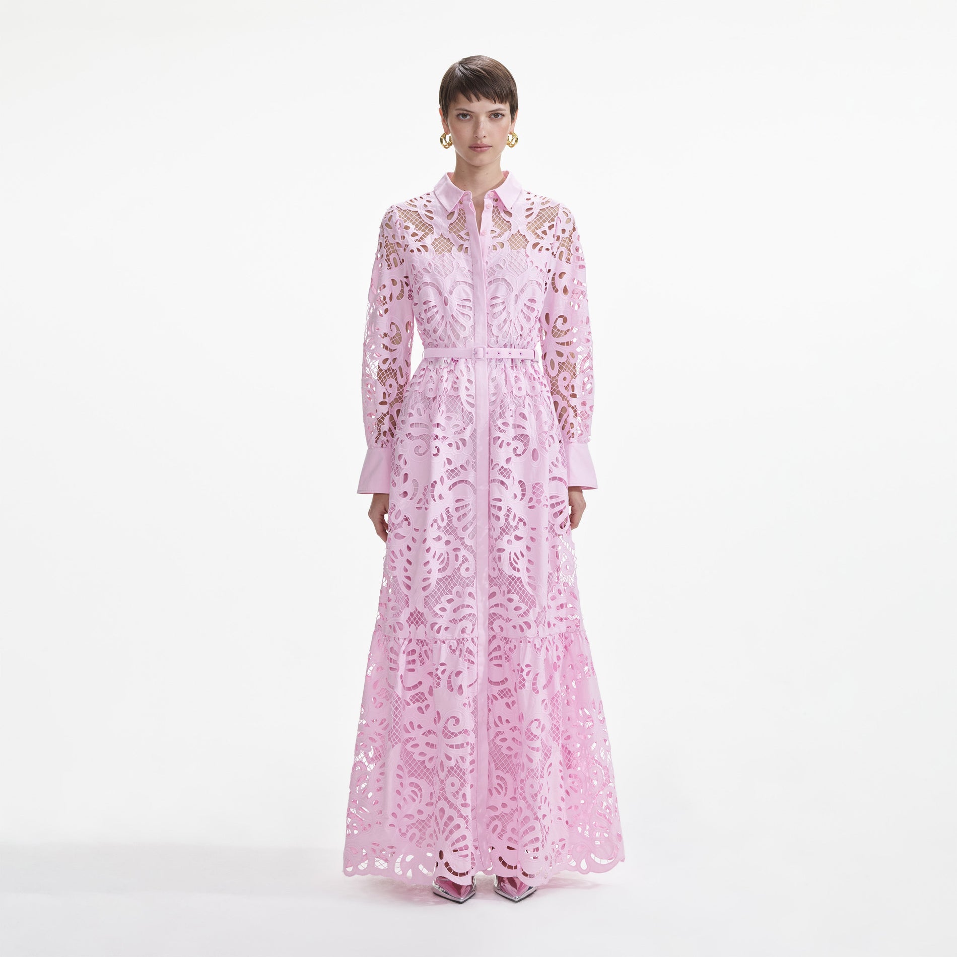 Front view of a woman wearing the Pink Cotton Lace Maxi Dress