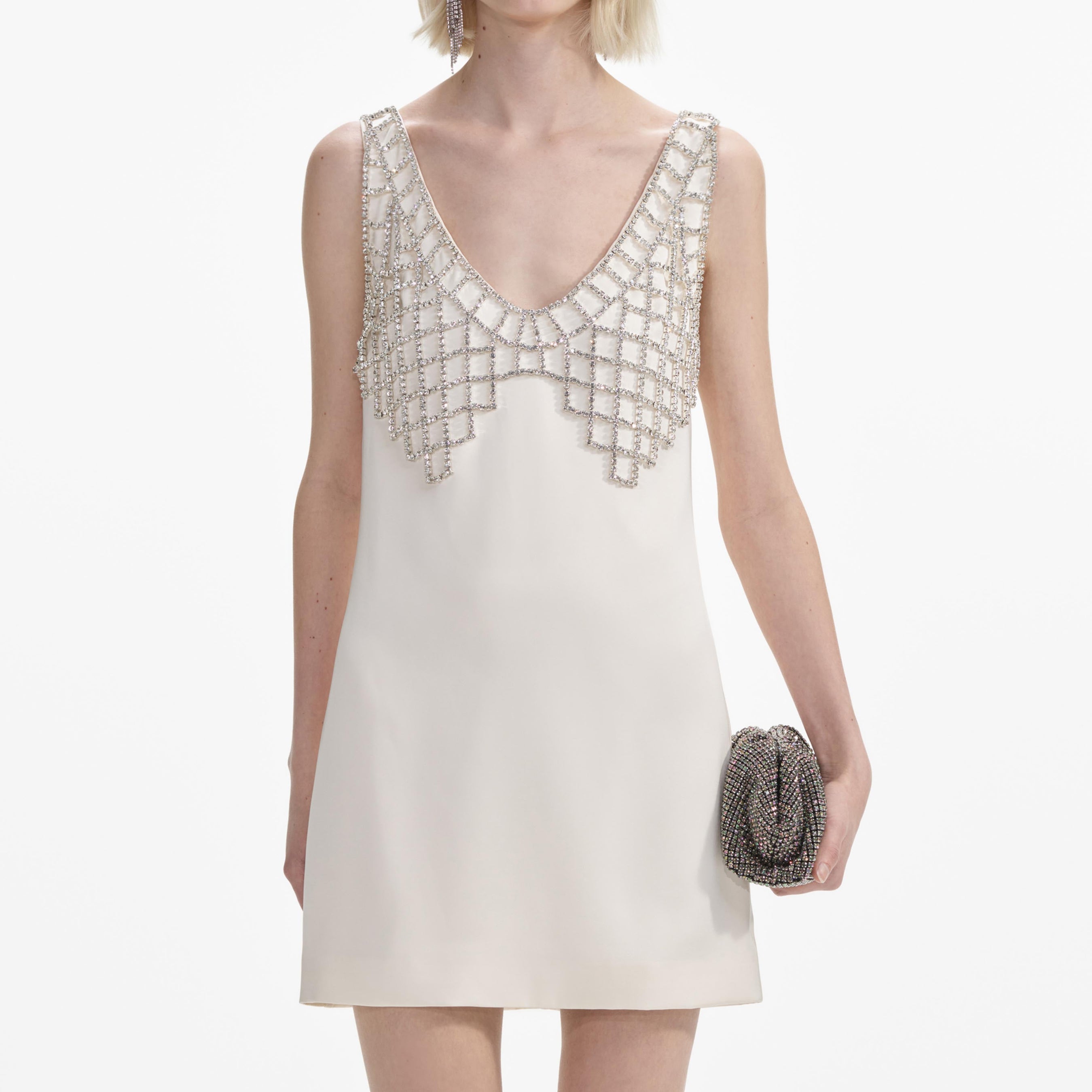 Cream Satin Diamante Bralette Mini Dress