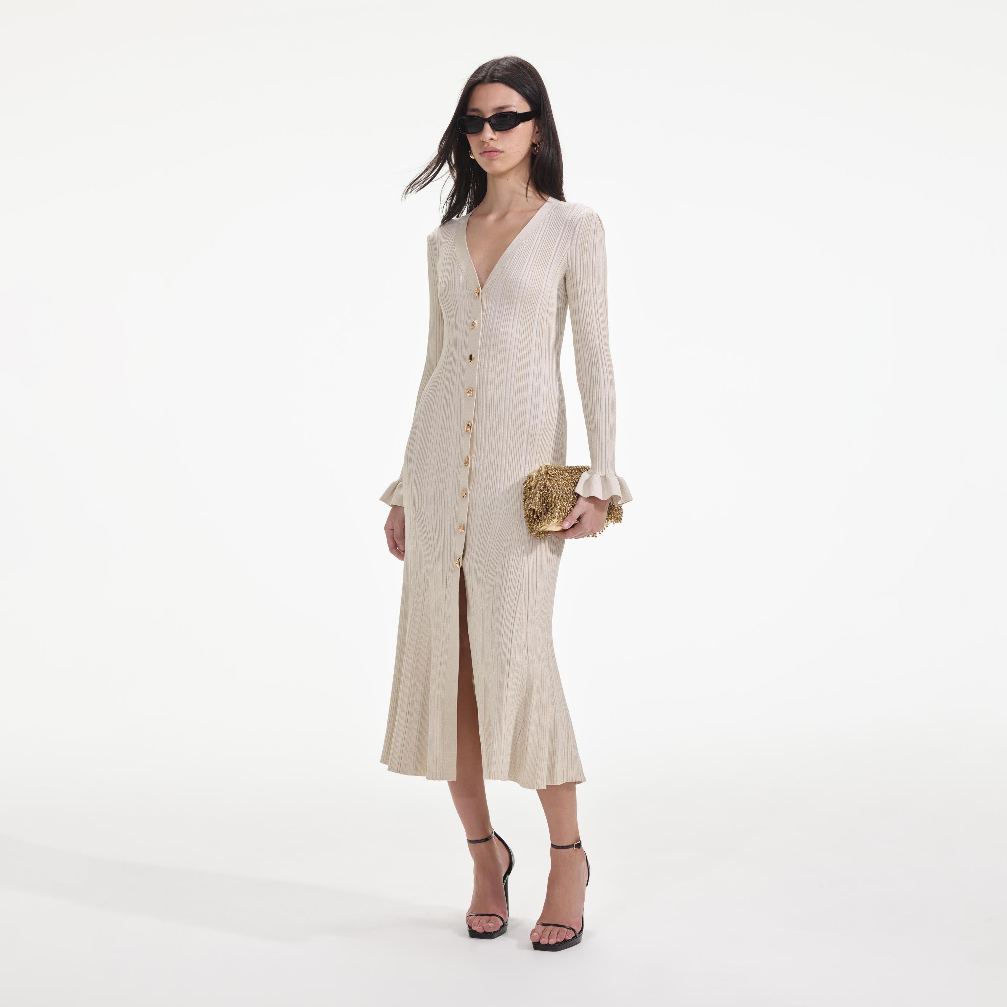 Cream Metallic Ribbed Midi Dress