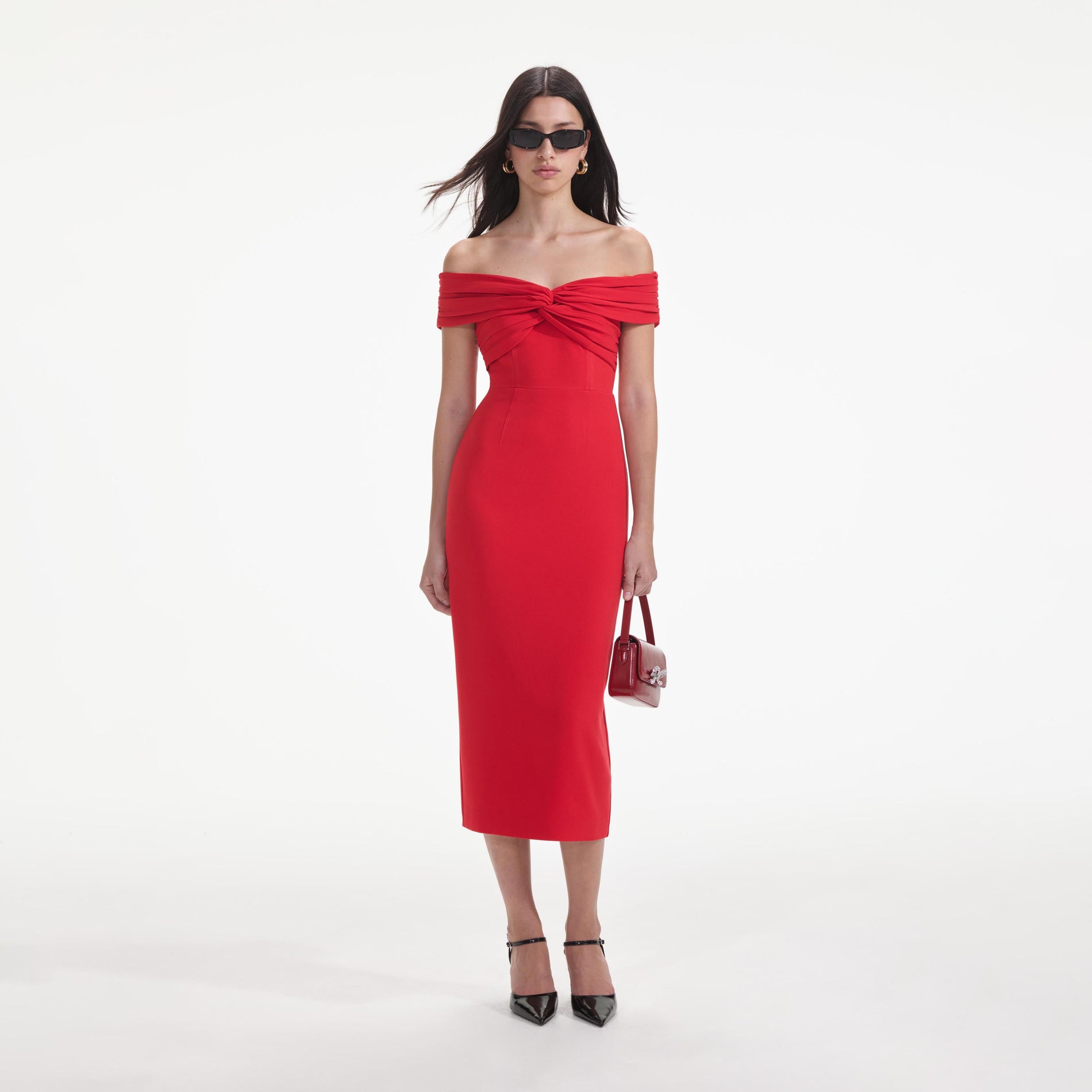 Red Off Shoulder Midi Dress