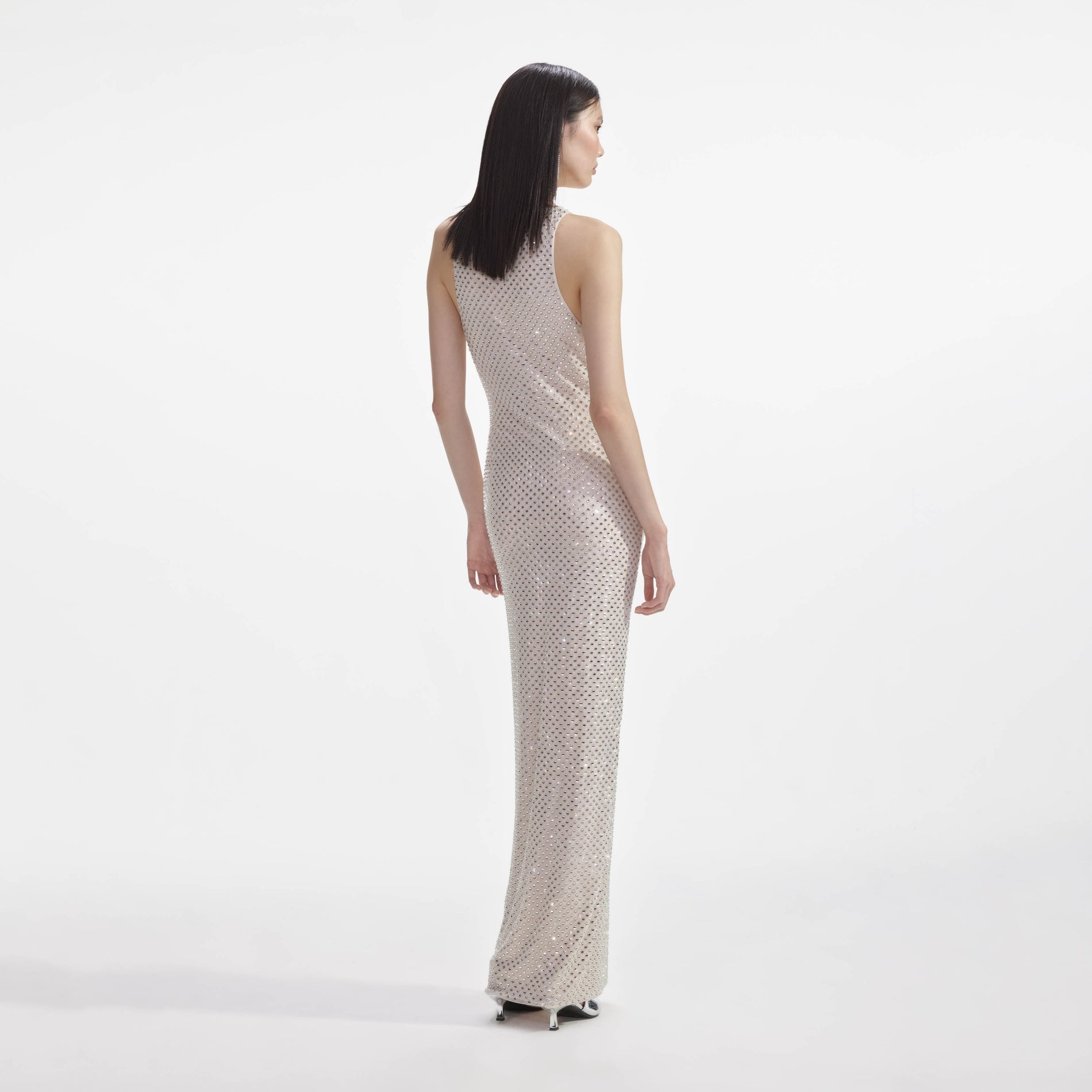 Back view of a woman wearing the Cream Mesh Rhinestone Maxi Dress