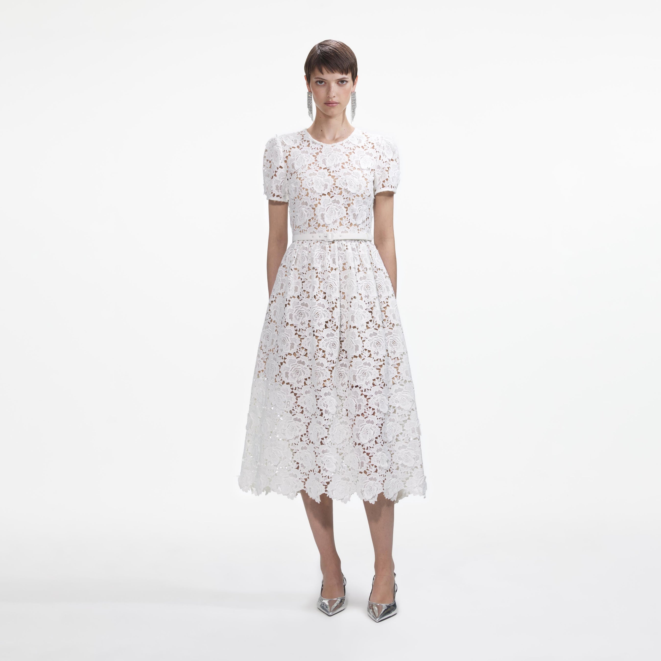 White Floral Lace Midi Dress