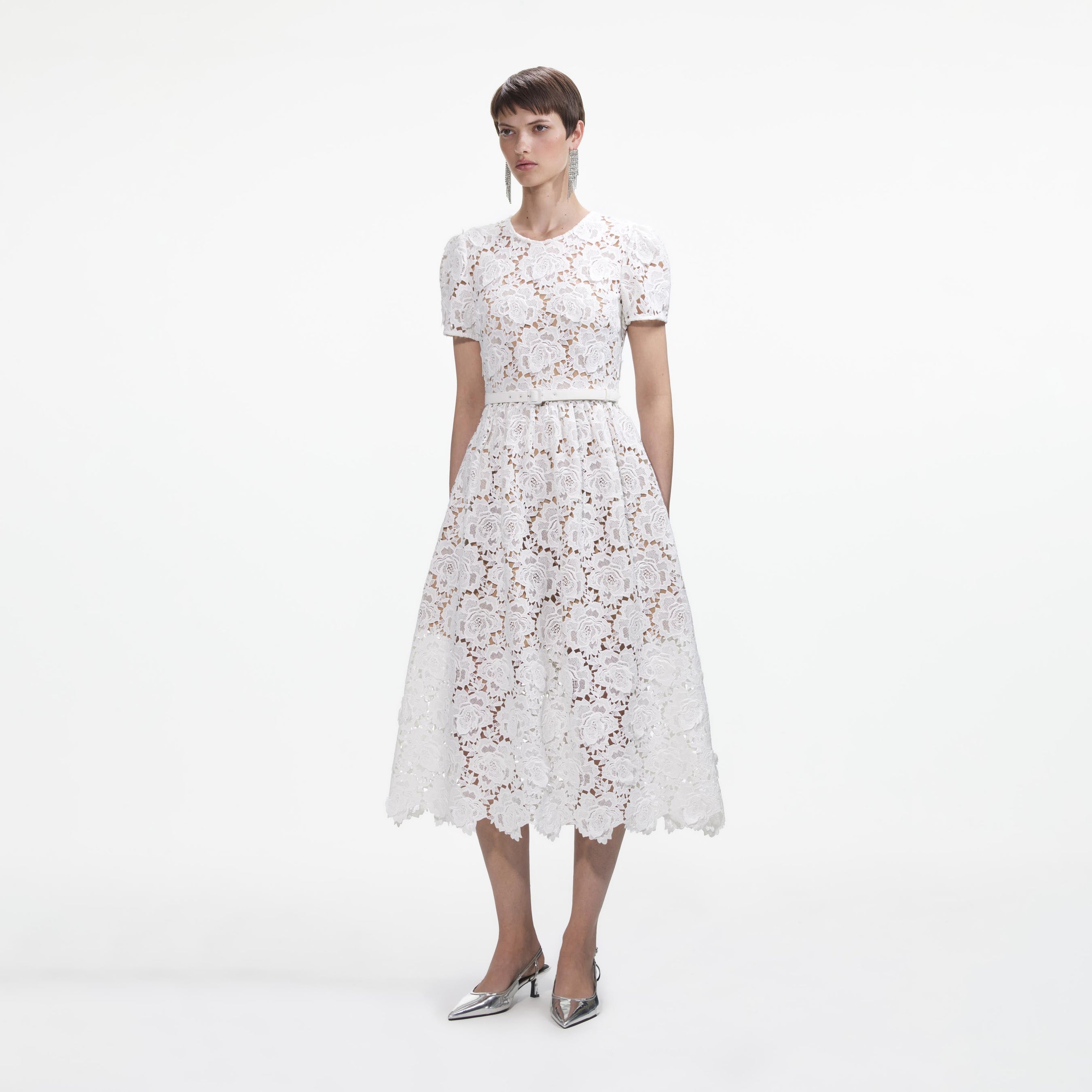 White Floral Lace Midi Dress