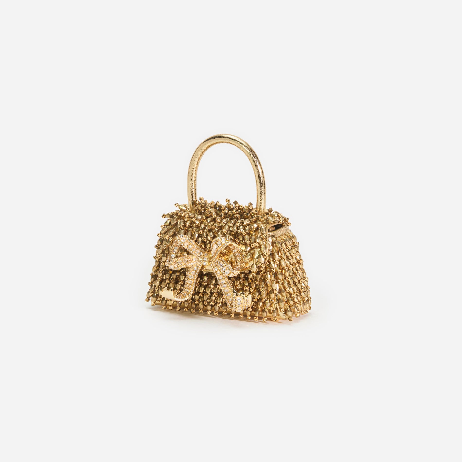 Side view of a woman wearing the Gold Crystal Embroidery Micro Bag