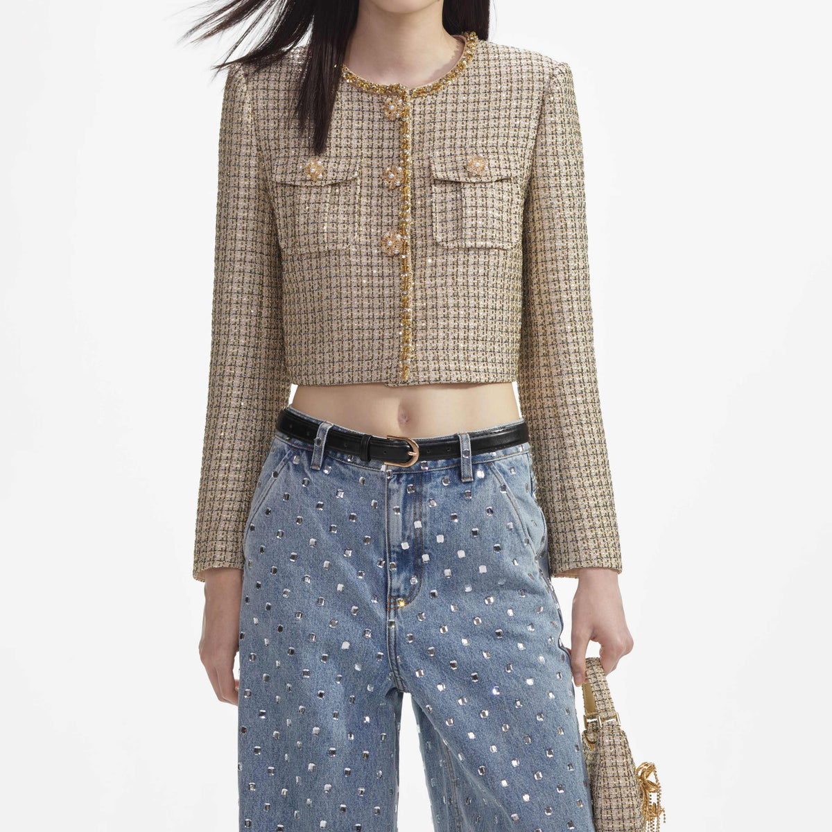 Gold Boucle Cropped Jacket – self-portrait-EU