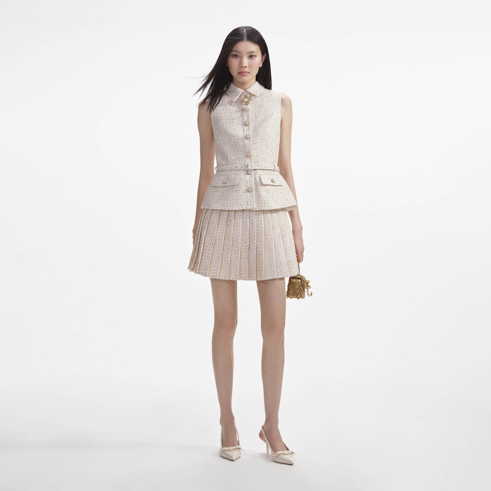 Cream Metallic Boucle Tailored Mini Dress