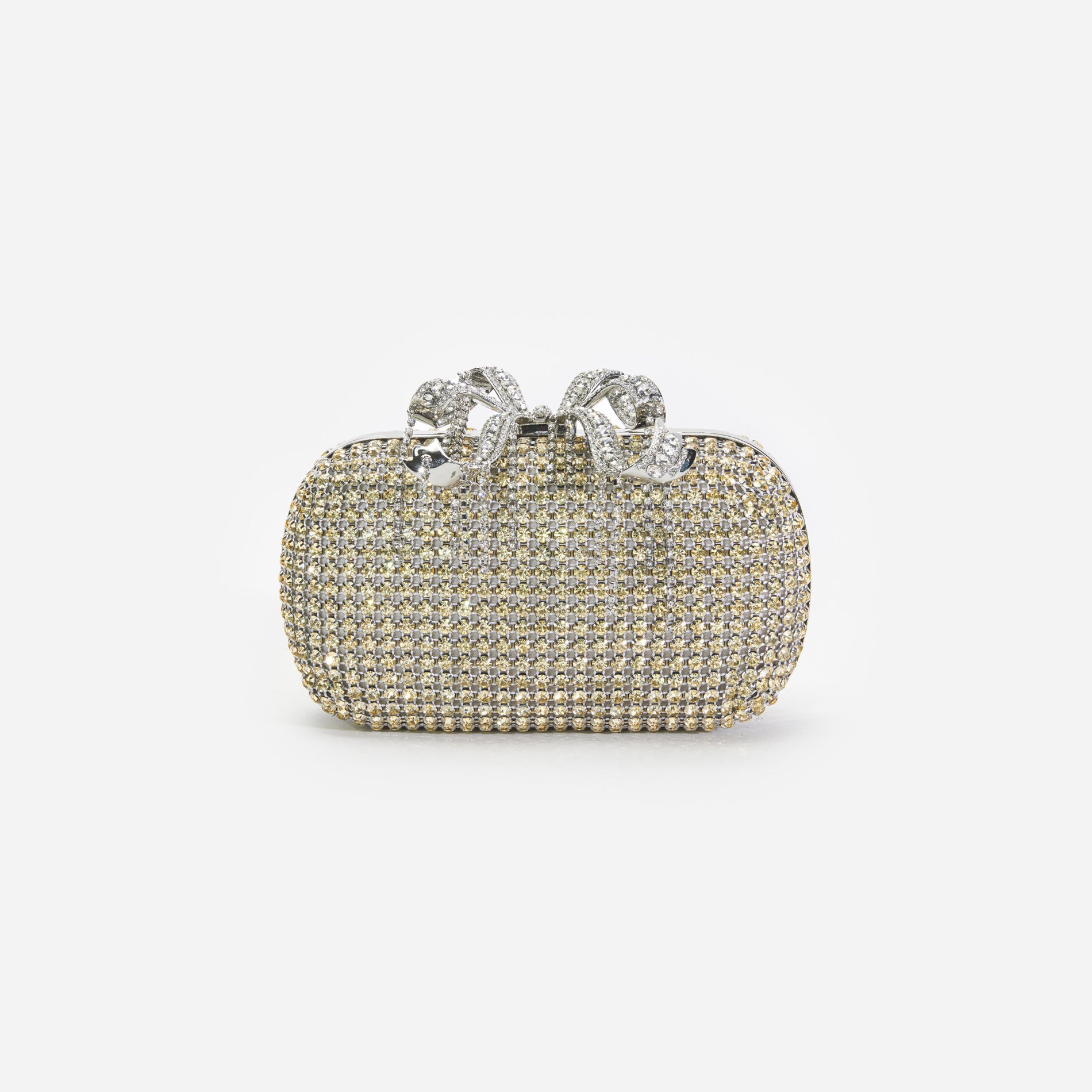 Front view of a woman wearing the Champagne Chainmail Clutch Bag