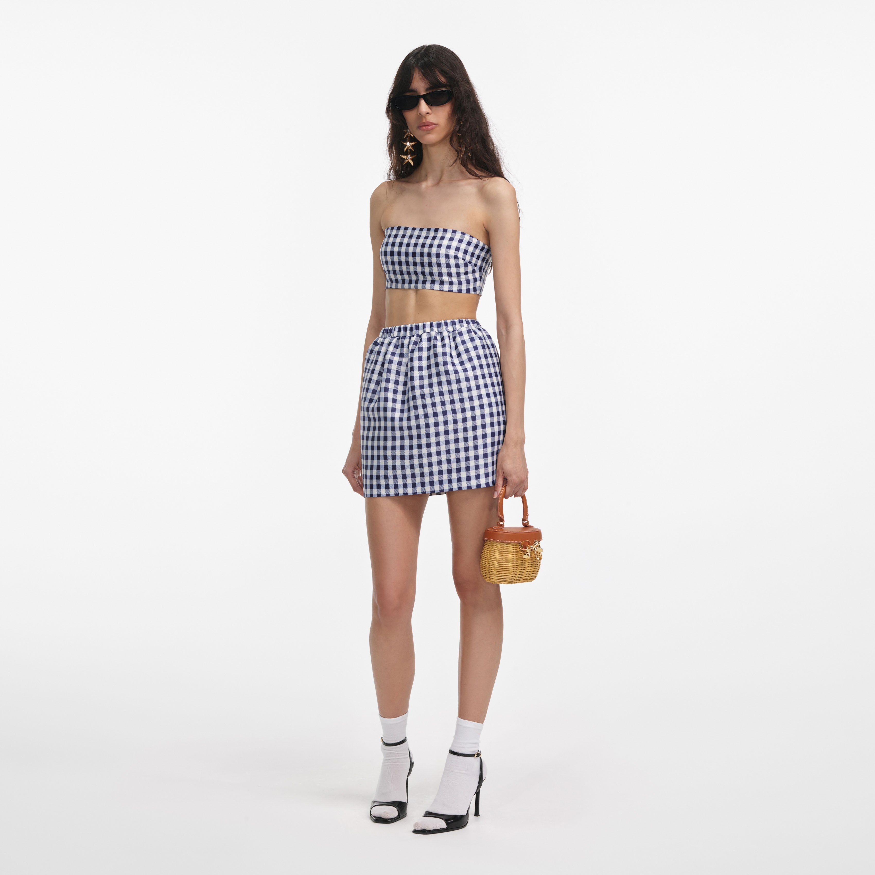Navy Gingham Taffeta Mini Skirt