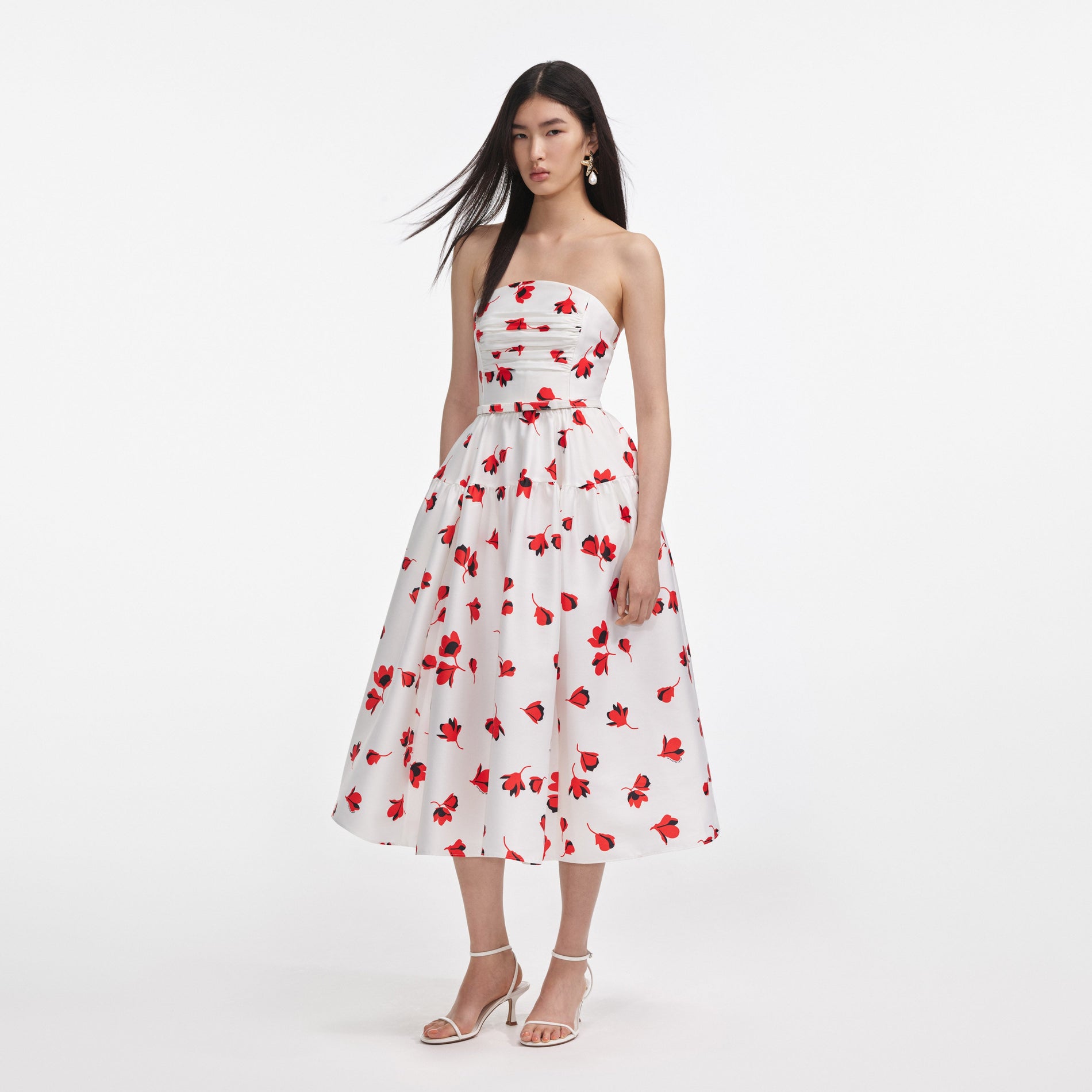 Side view of a woman wearing the Floral Print Taffeta Midi Dress