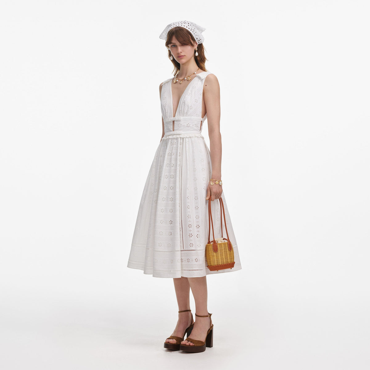 White Cotton Broderie Midi Dress – self-portrait-EU