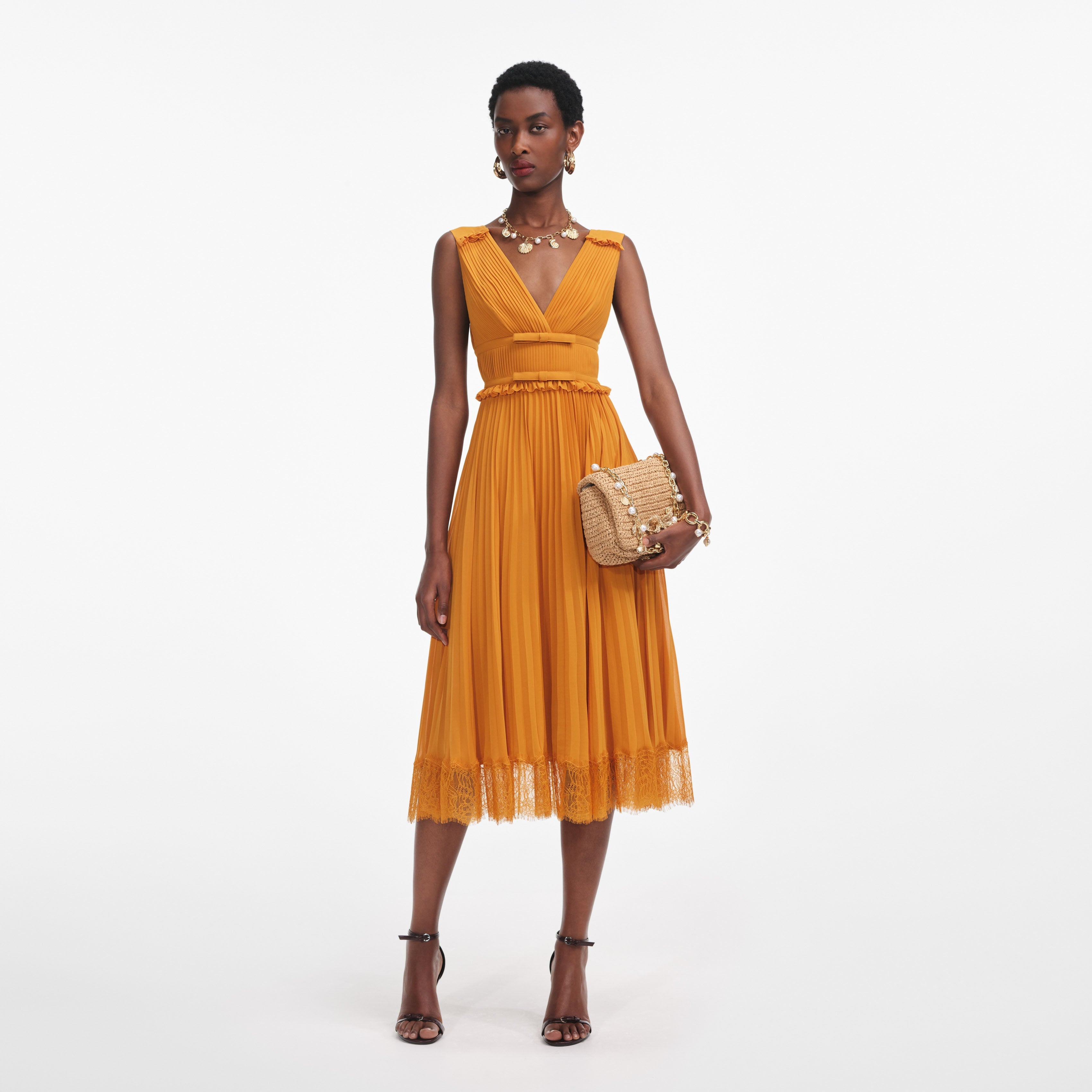 Burnt Orange Chiffon Midi Dress