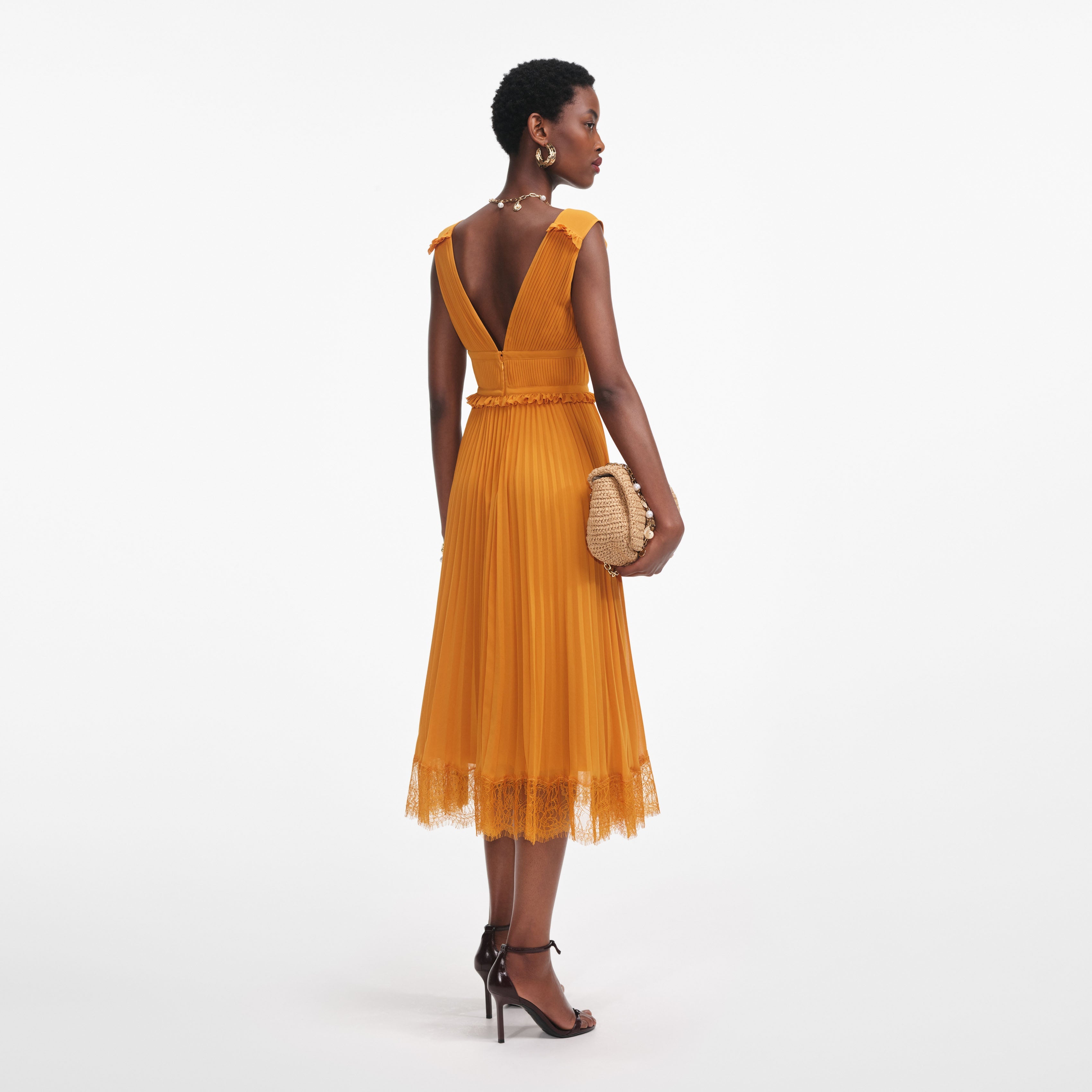 Burnt Orange Chiffon Midi Dress