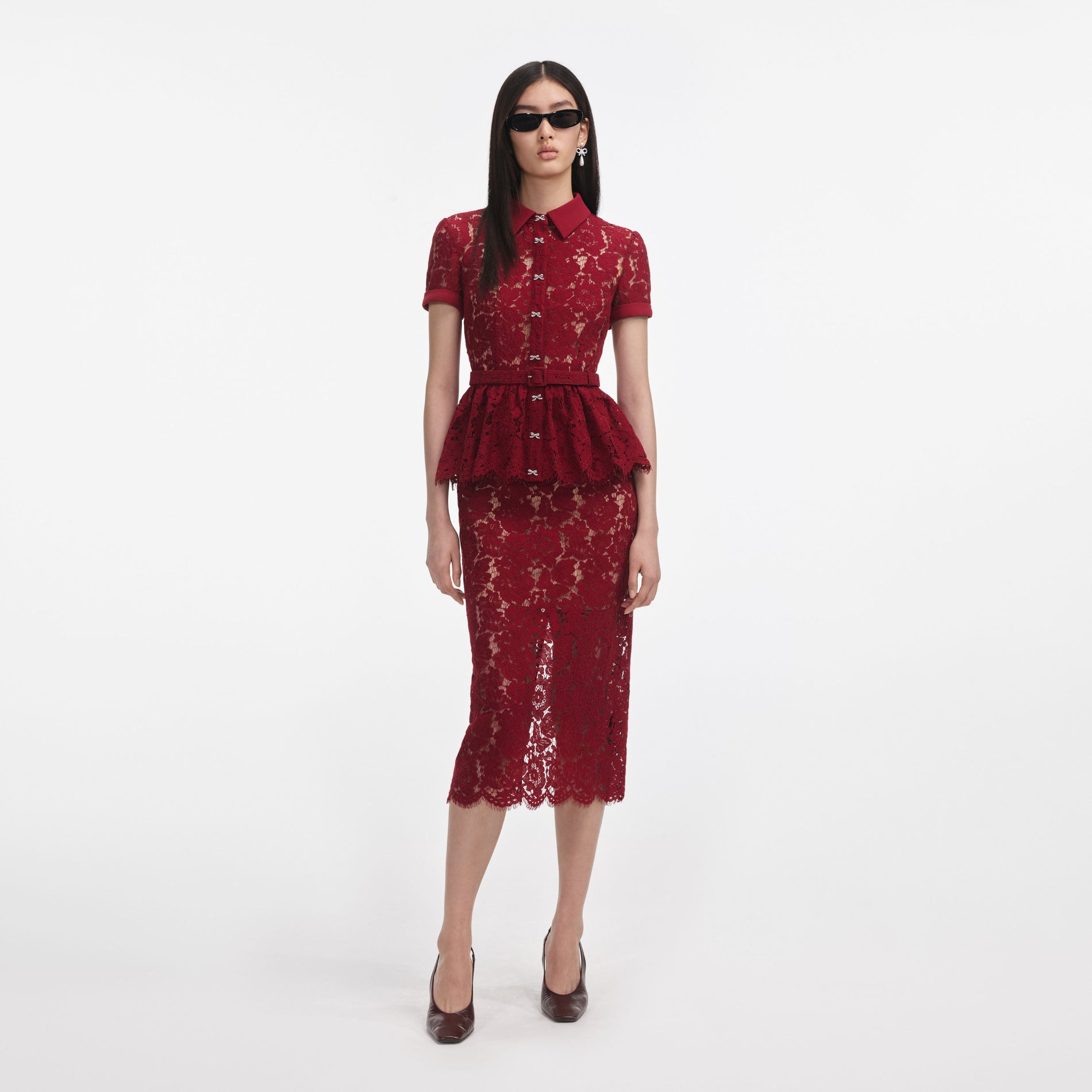 Burgundy Floral Lace Midi Dress self-portrait-EU Burgundy Floral Lace Midi Dress self-portrait-EU