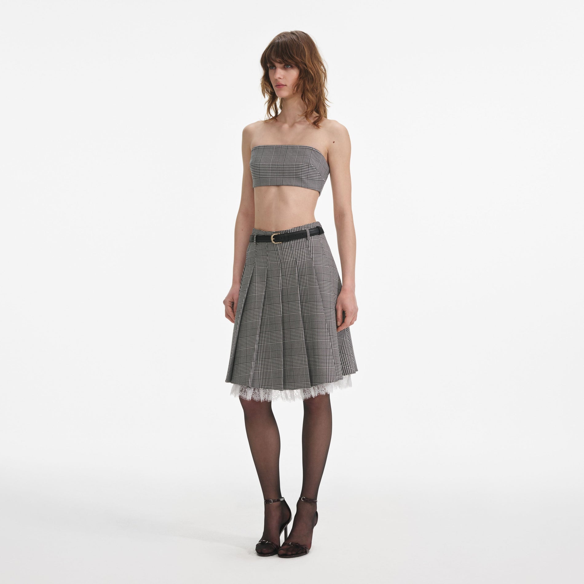 Side view of a woman wearing the Prince Of Wales Check Bandeau Top