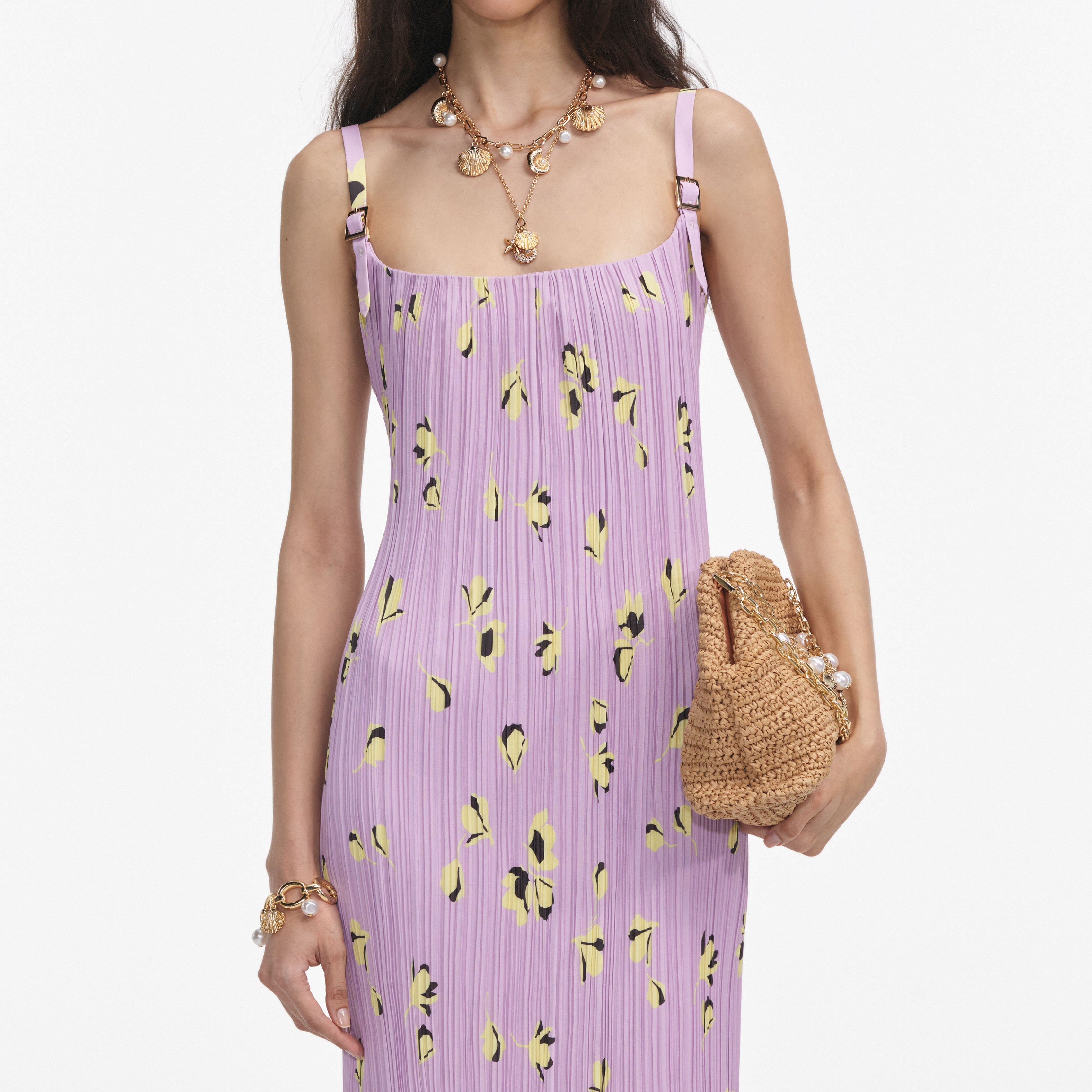 Lilac Floral Plisse Midi Dress