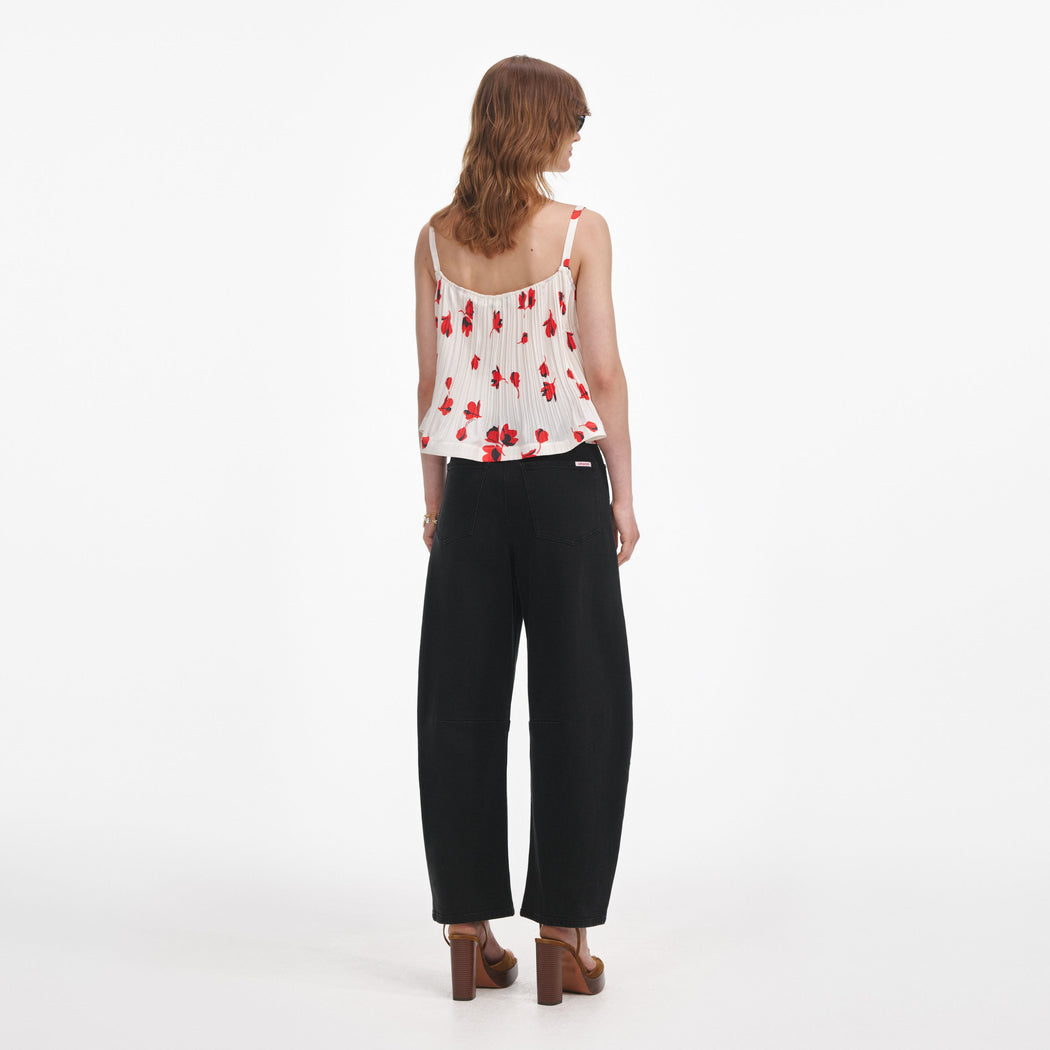 Back view of a woman wearing the Black Barrel Leg Jeans