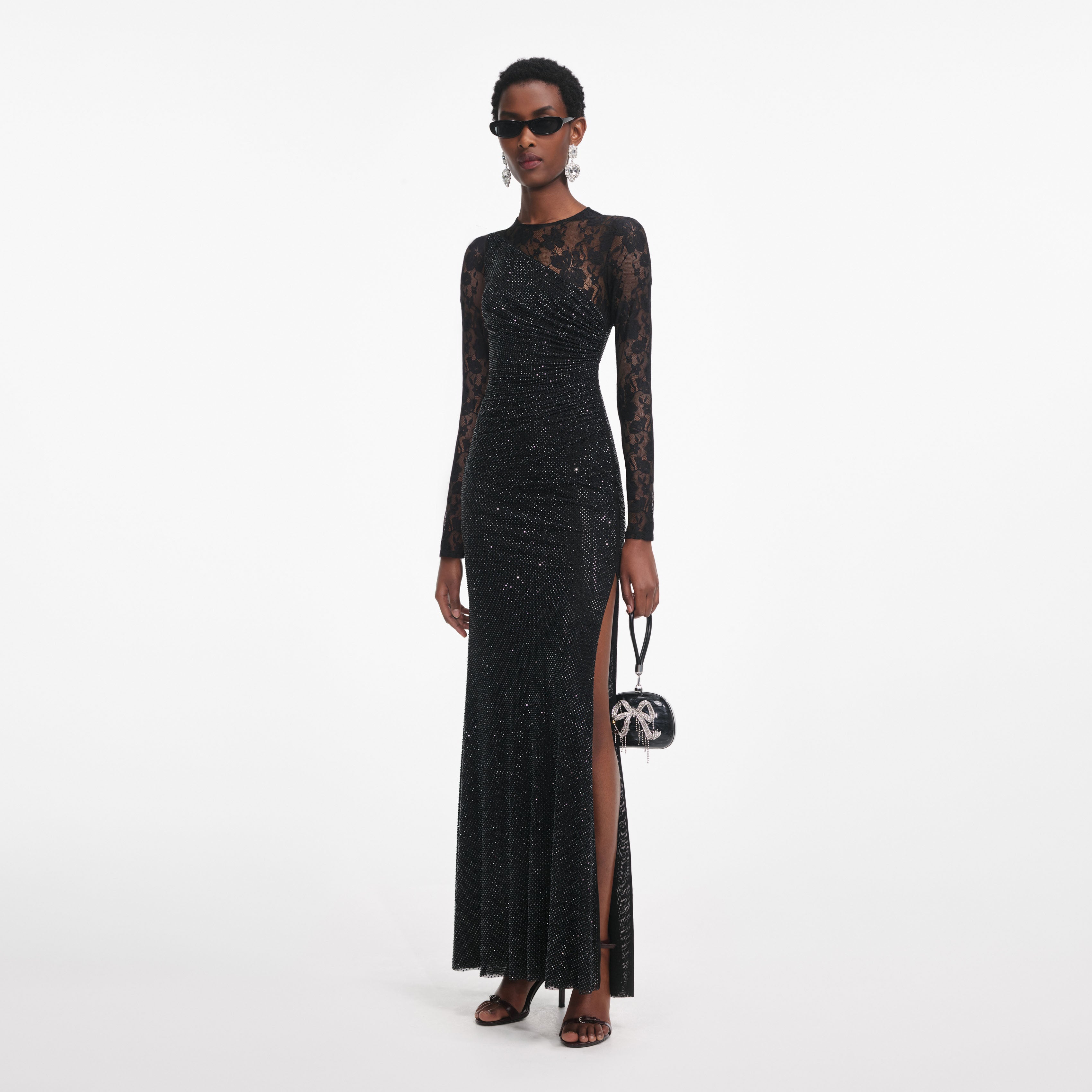 Black Rhinestone Lace Sleeves Maxi Dress