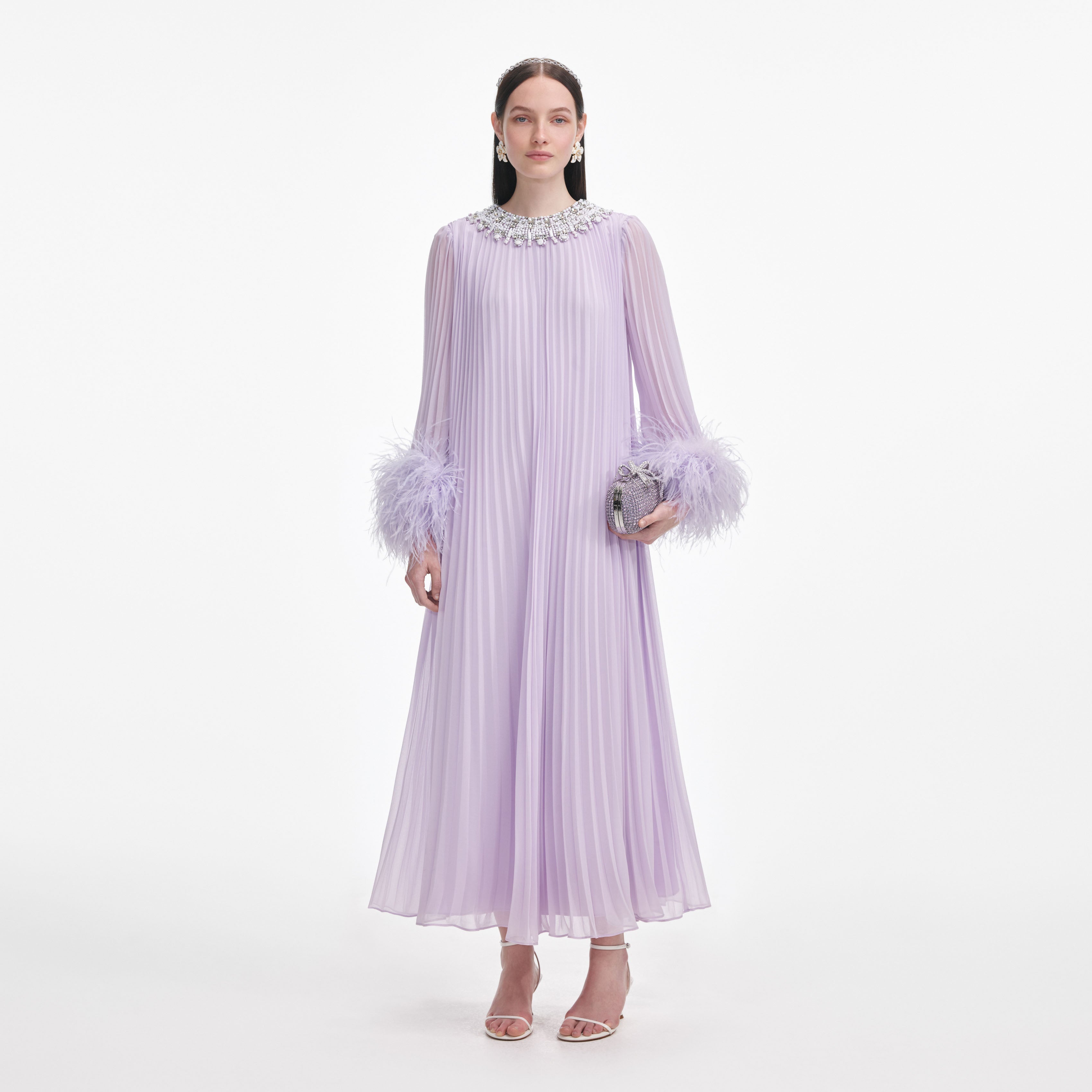 Lilac Chiffon Feather Midi Dress