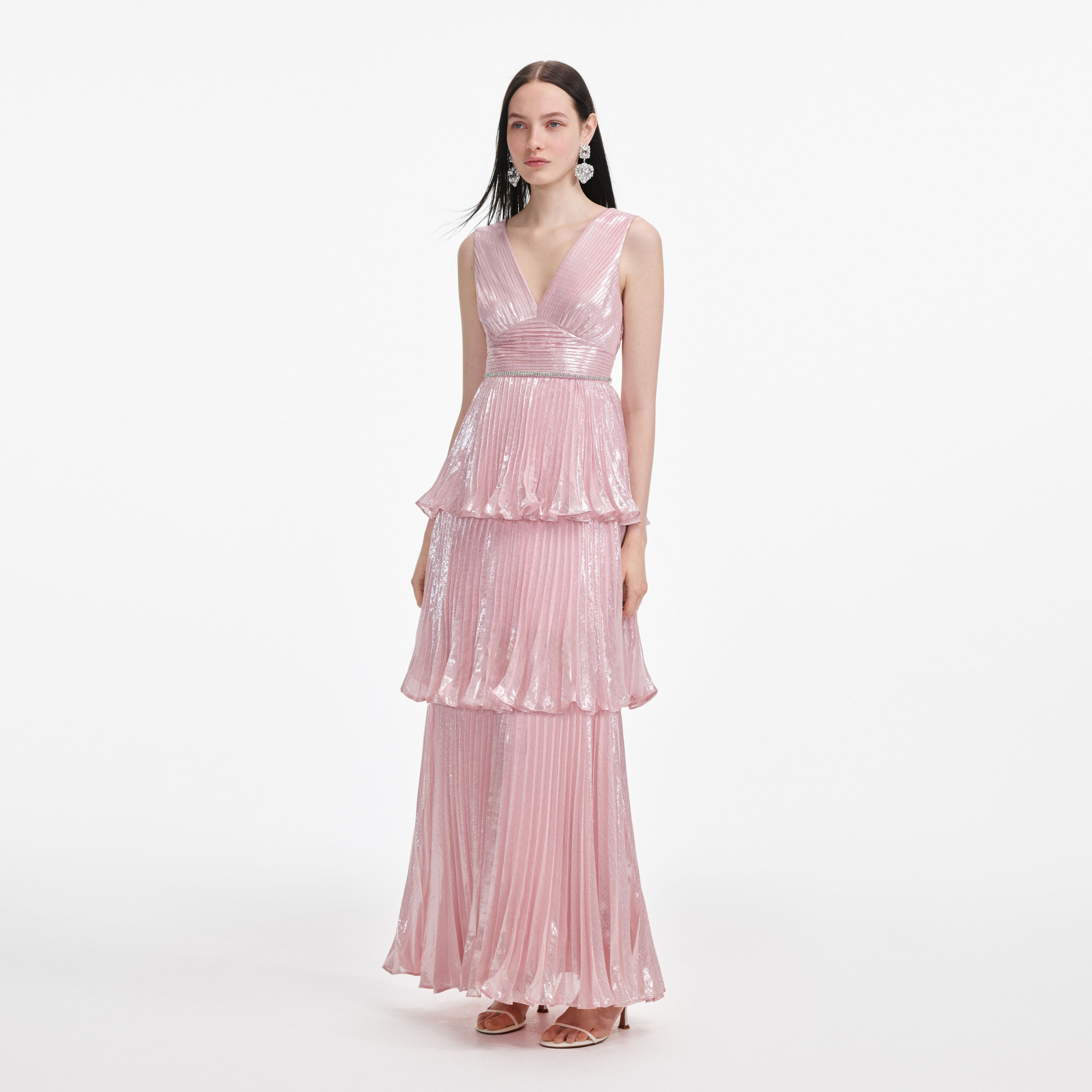 Pink Metallic Tiered Maxi Dress