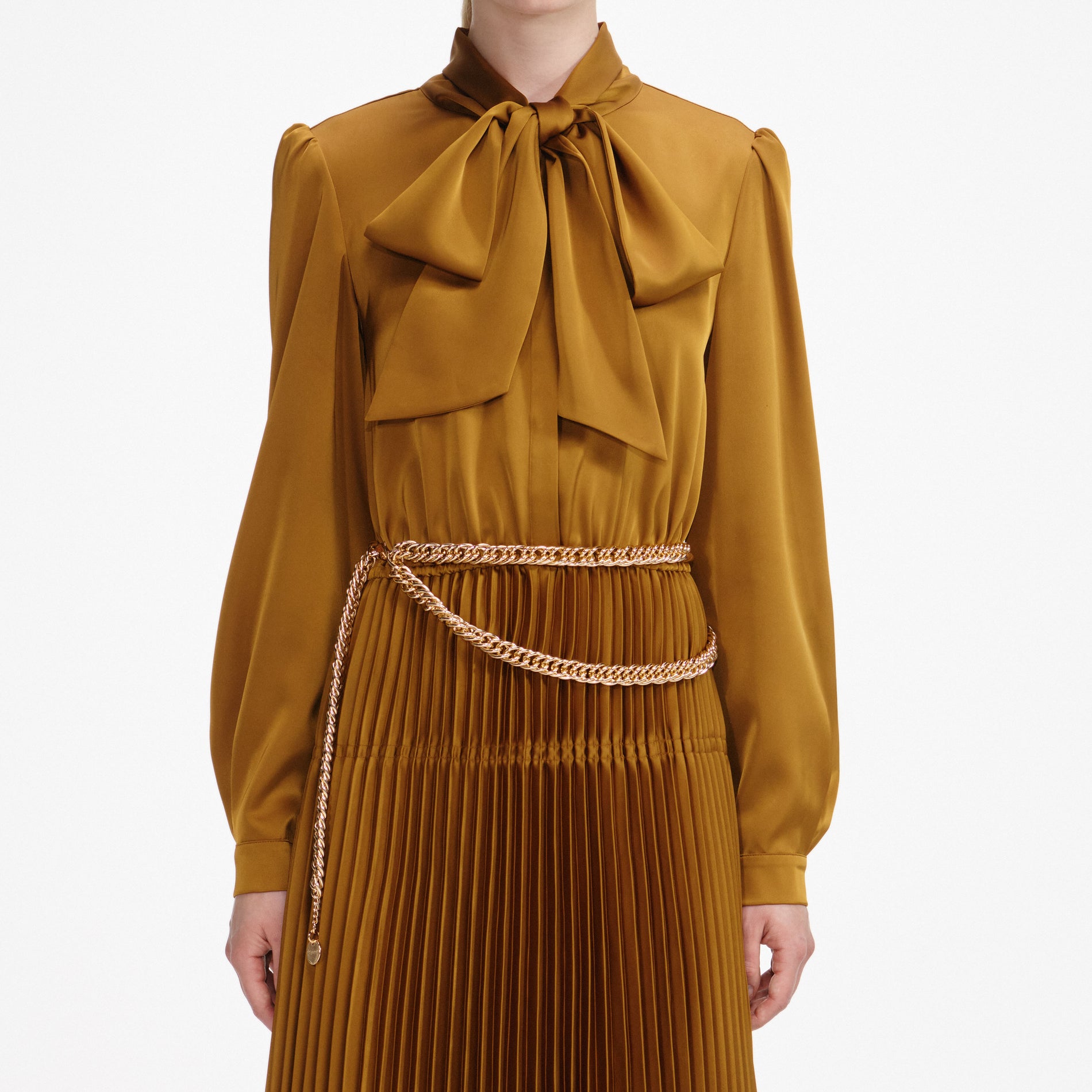 Bronze Satin Tie Neck Maxi Dress