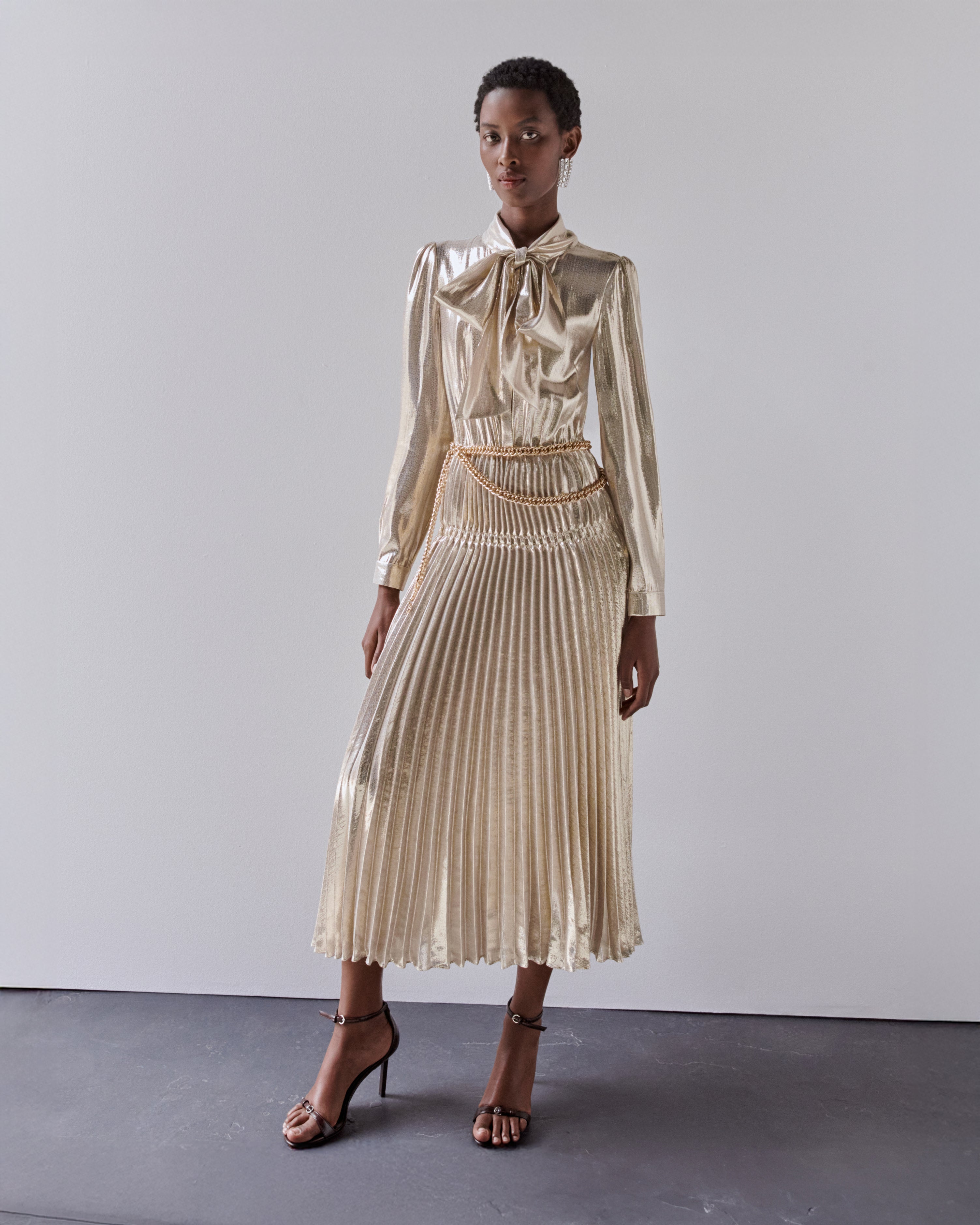 Gold Metallic Tie Neck Midi Dress