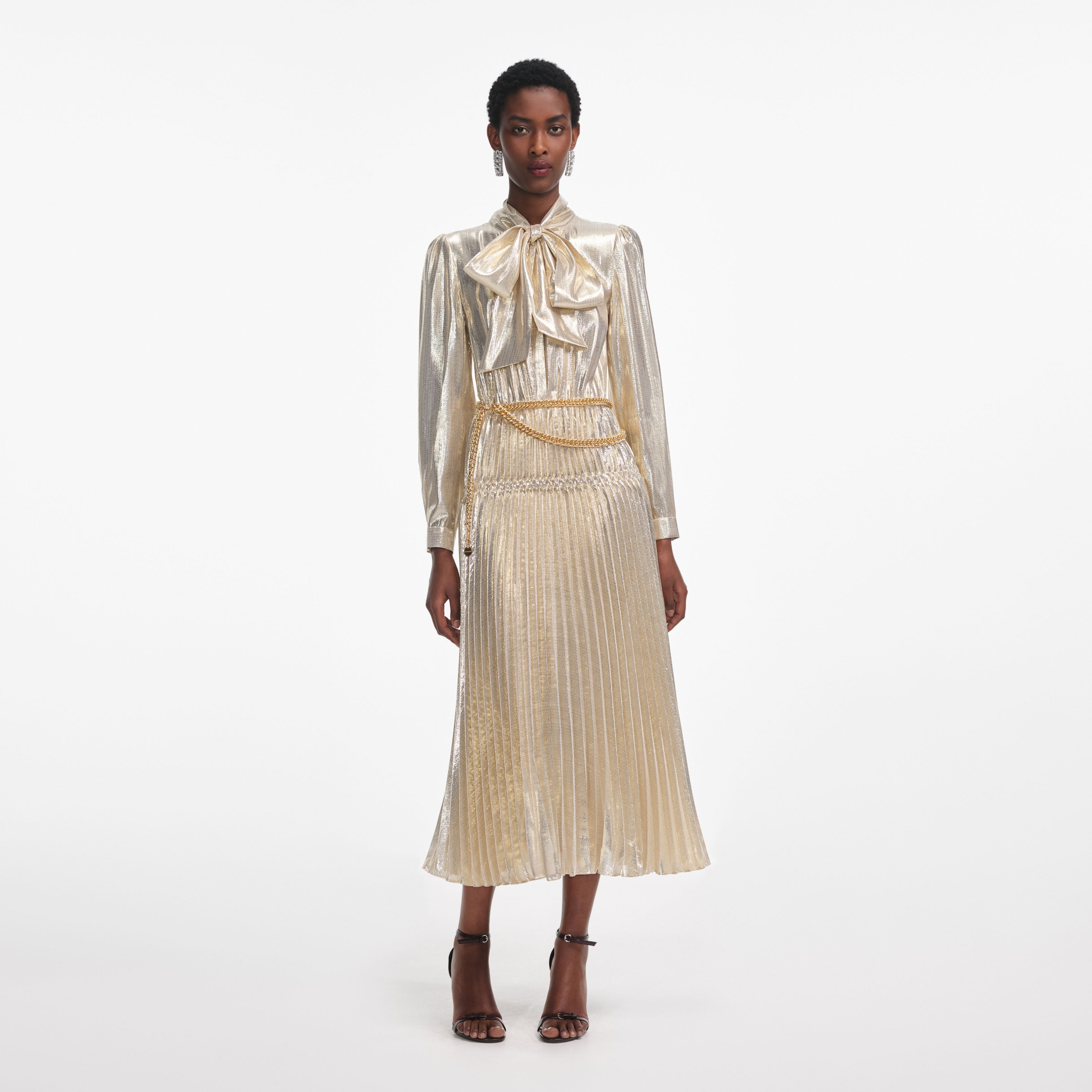 Gold Metallic Tie Neck Midi Dress
