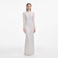 White Rhinestone Lace Sleeves Maxi Dress