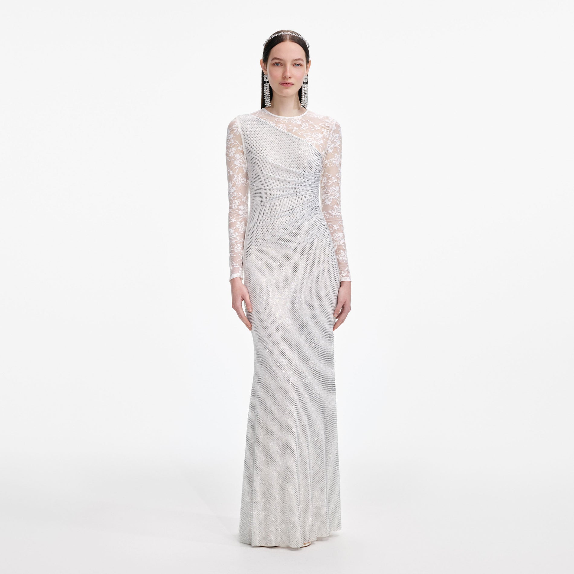 White Rhinestone Lace Sleeves Maxi Dress