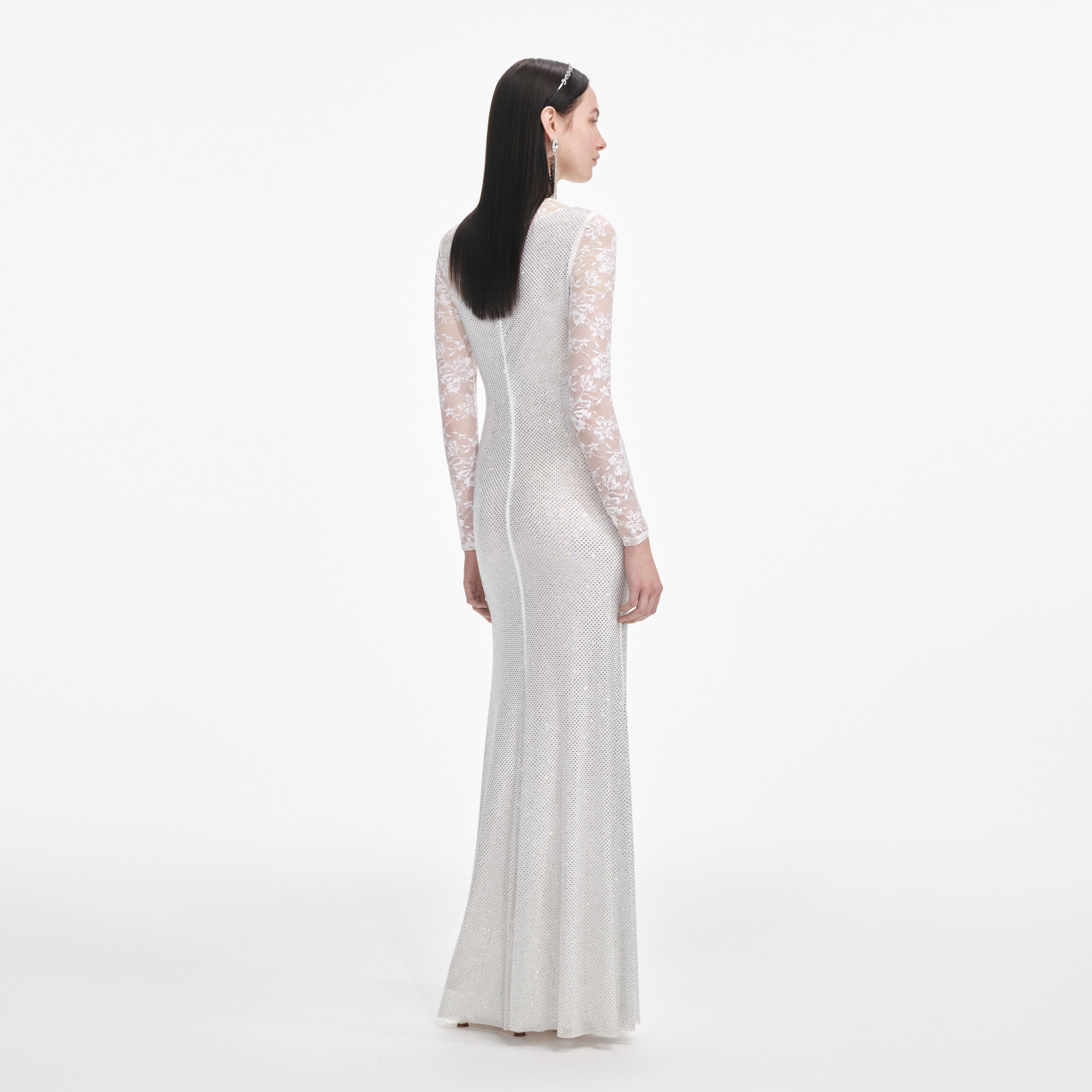 White Rhinestone Lace Sleeves Maxi Dress