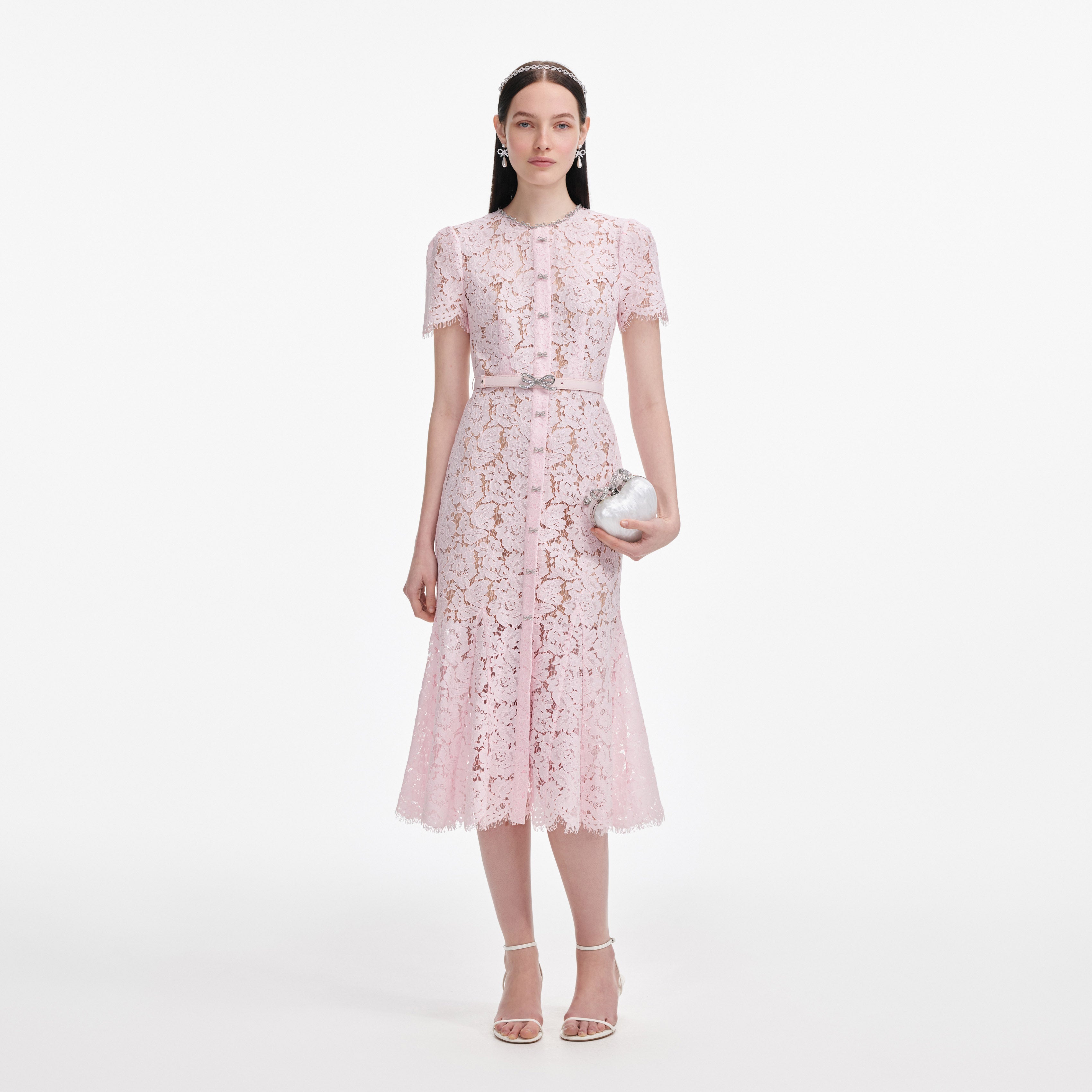 Pink Lace Bow Trim Midi Dress