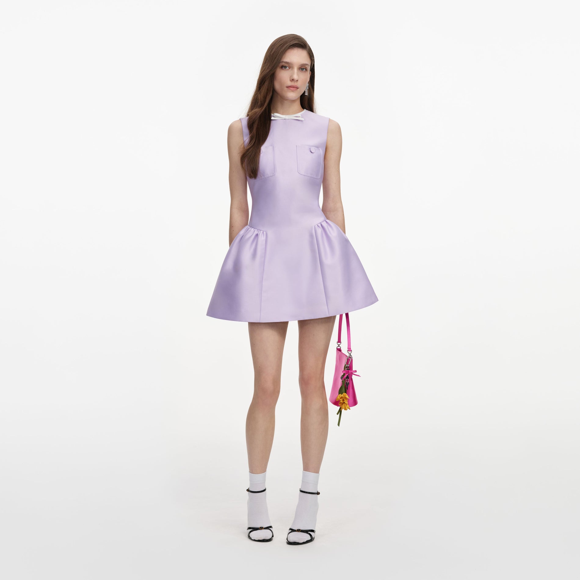 Front view of a woman wearing the Lilac Taffeta Mini Dress