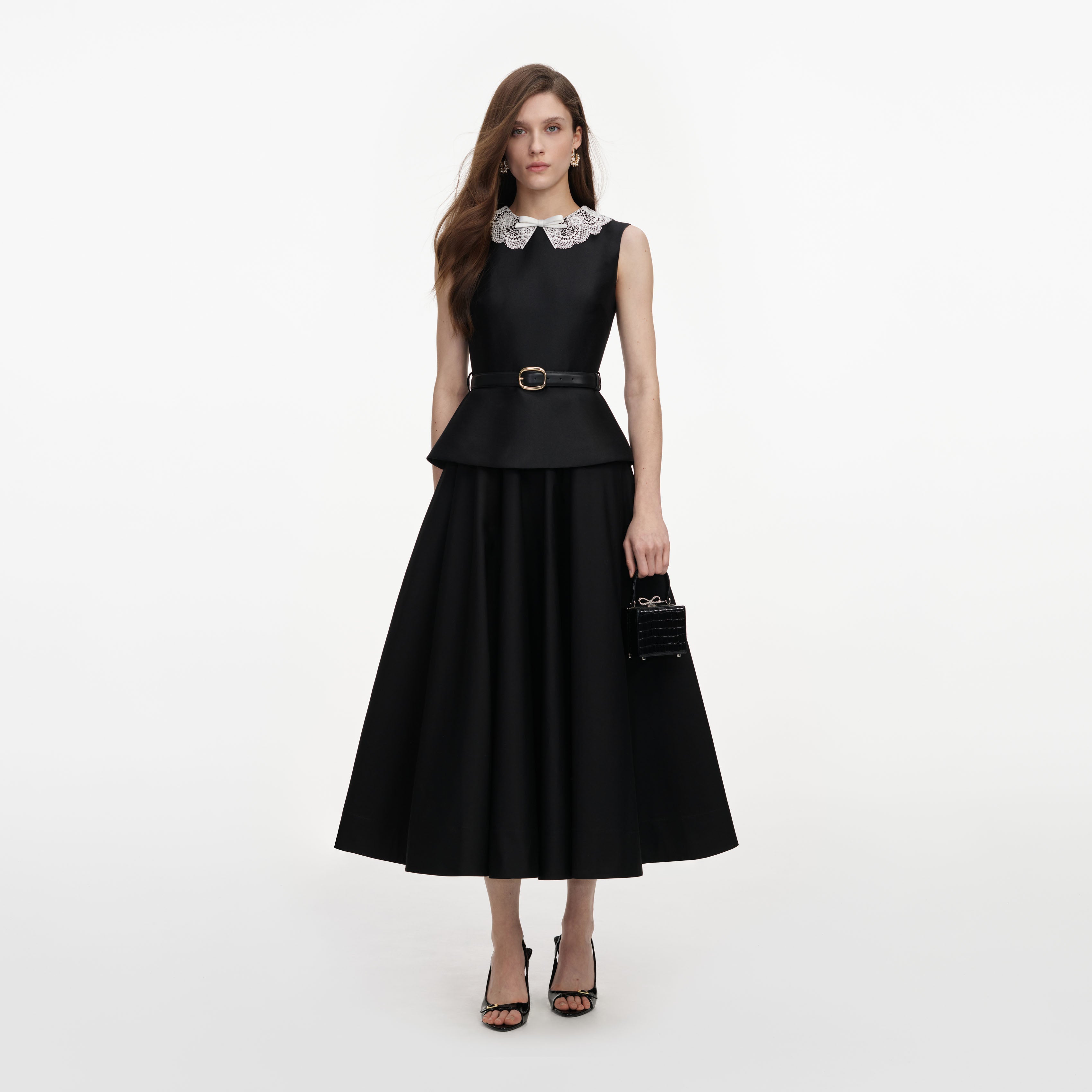 Black Taffeta Peplum Midi Dress