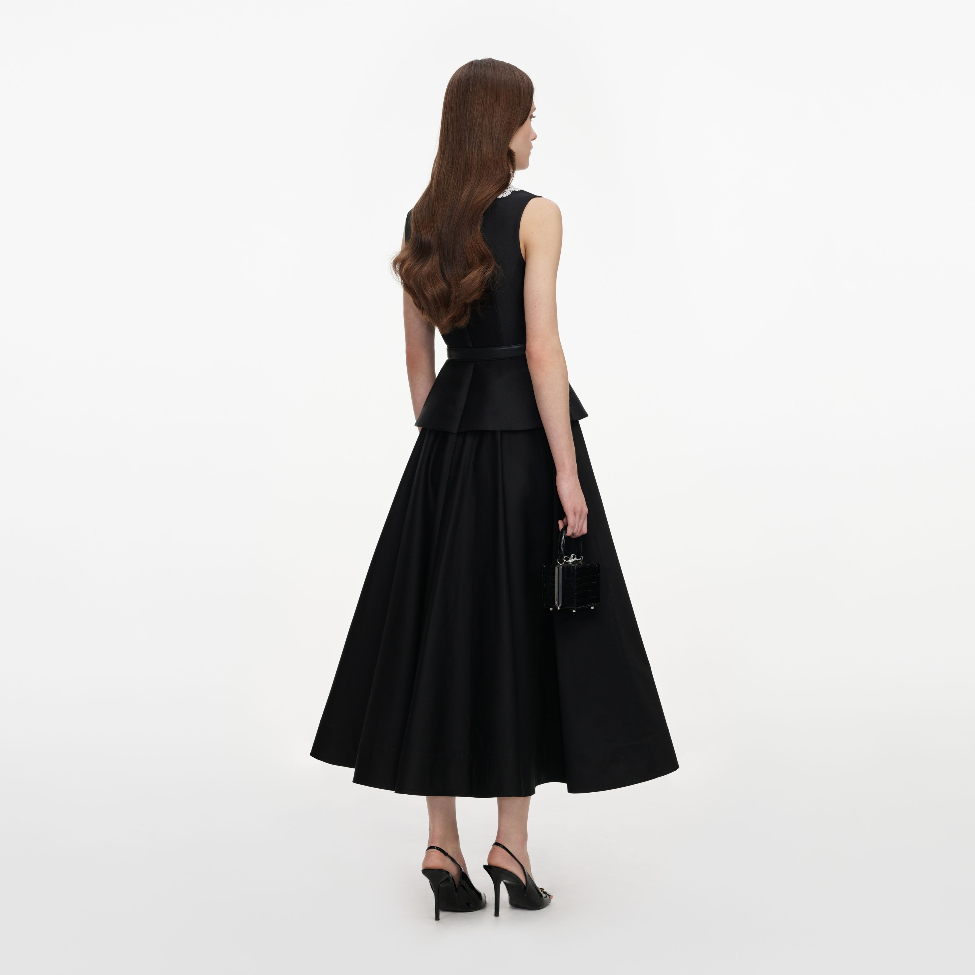 Black Taffeta Peplum Midi Dress