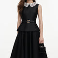 Black Taffeta Peplum Midi Dress