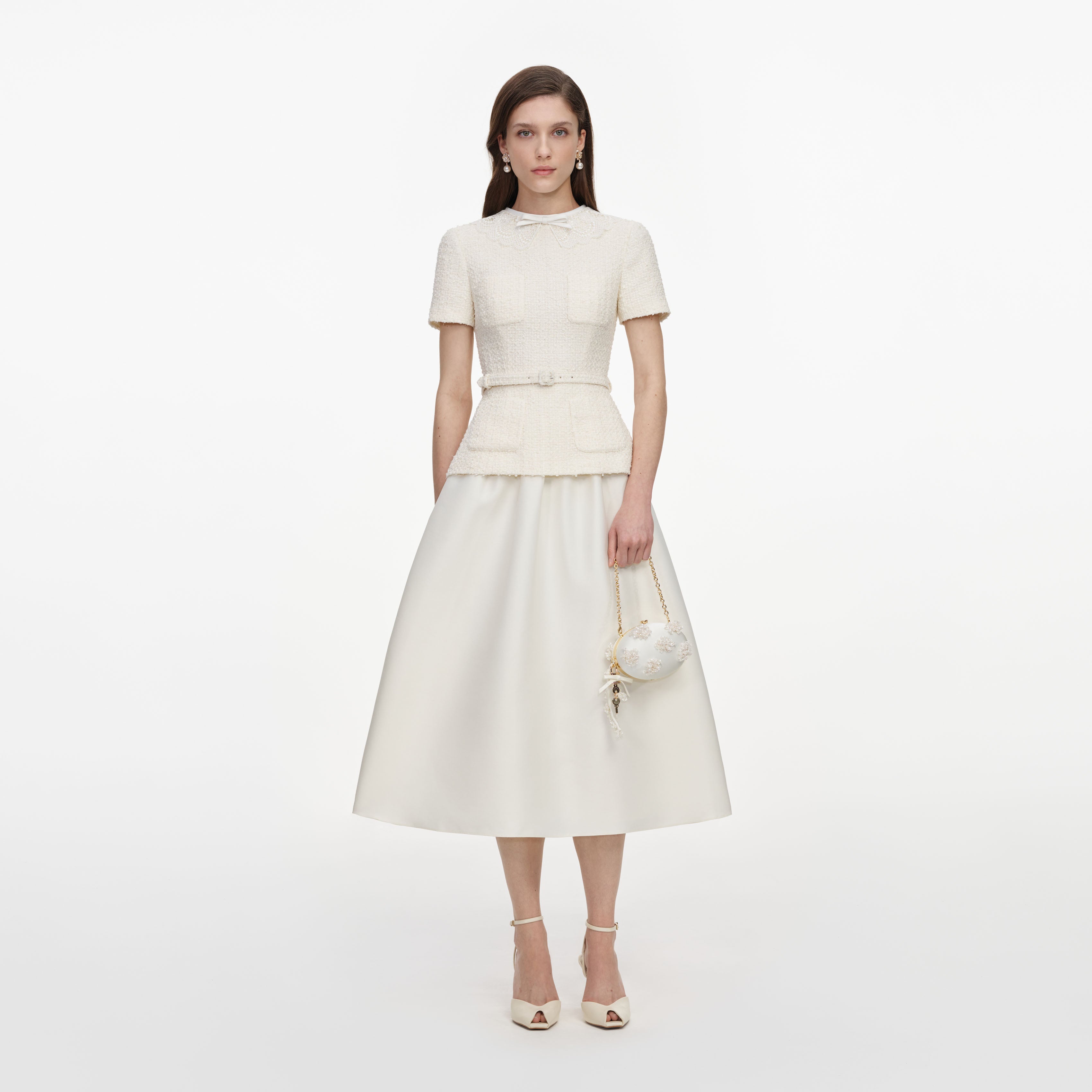 Cream Boucle Taffeta Midi Dress